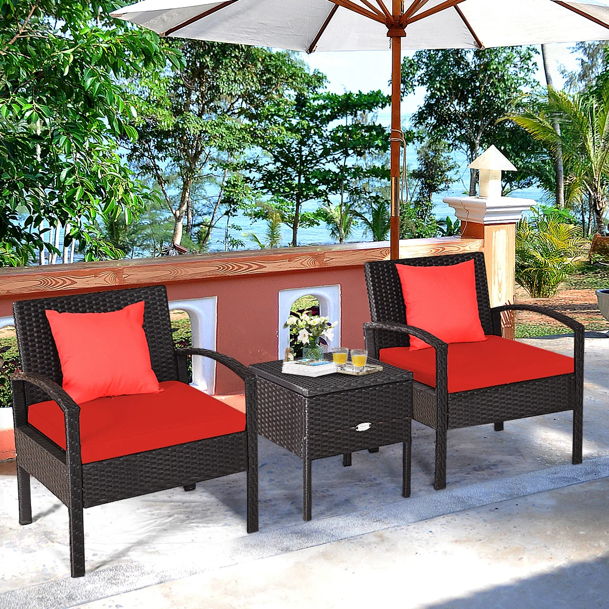 3 Piece PE Rattan Wicker Sofa Set, Patio, Red - Image 7
