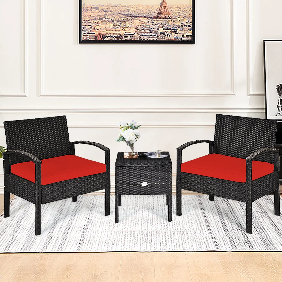 3 Piece PE Rattan Wicker Sofa Set, Patio, Red - Image 9