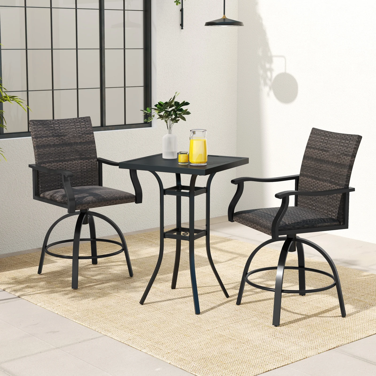 3-Piece PE Wicker Patio Swivel Bar Set, Quick-Dry Foam, Black - Image 2