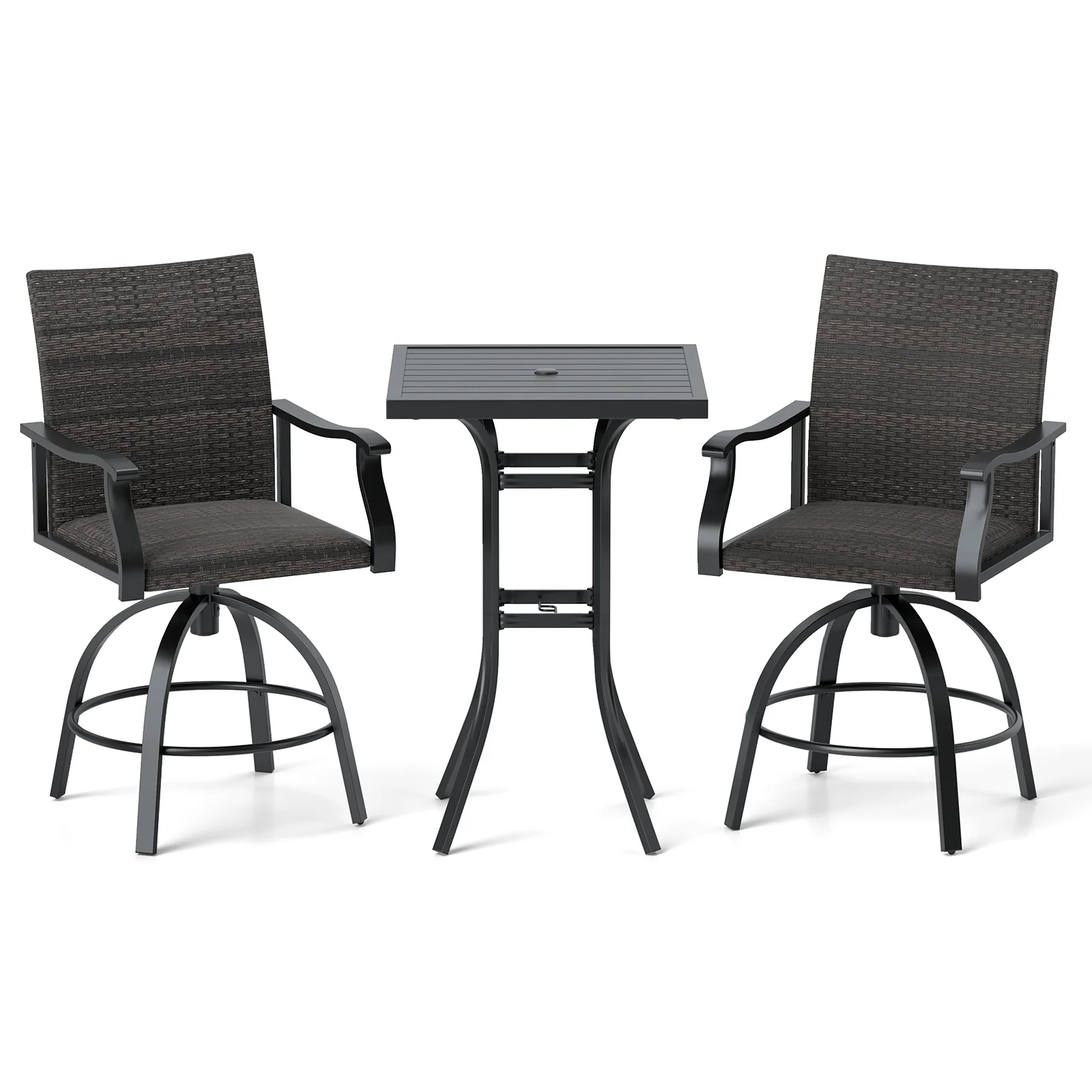 3-Piece PE Wicker Patio Swivel Bar Set, Quick-Dry Foam, Black - Image 3