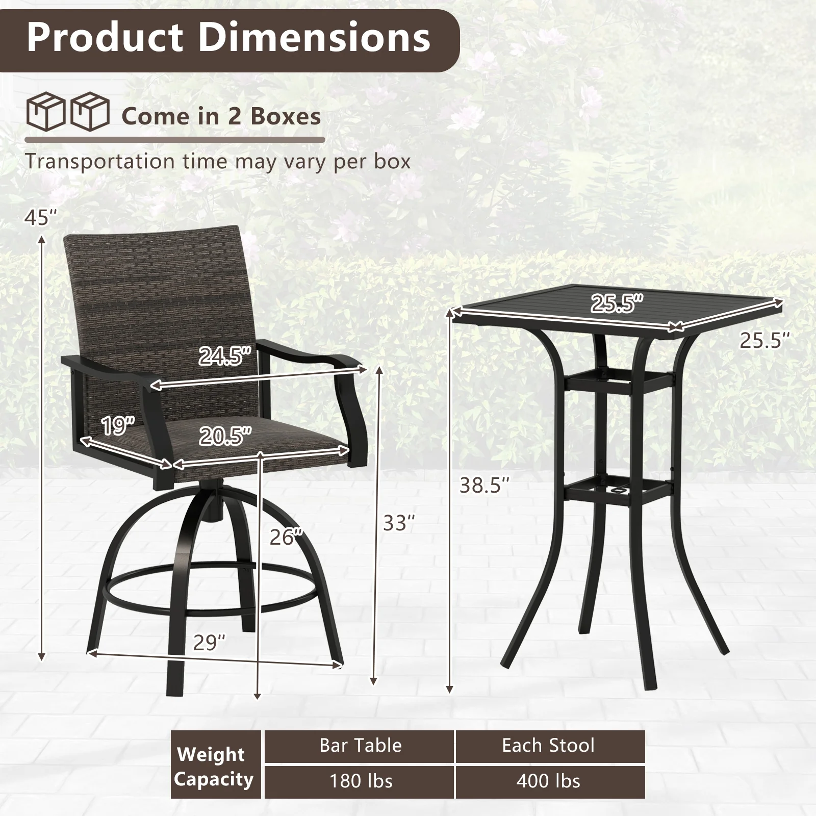 3-Piece PE Wicker Patio Swivel Bar Set, Quick-Dry Foam, Black - Image 5