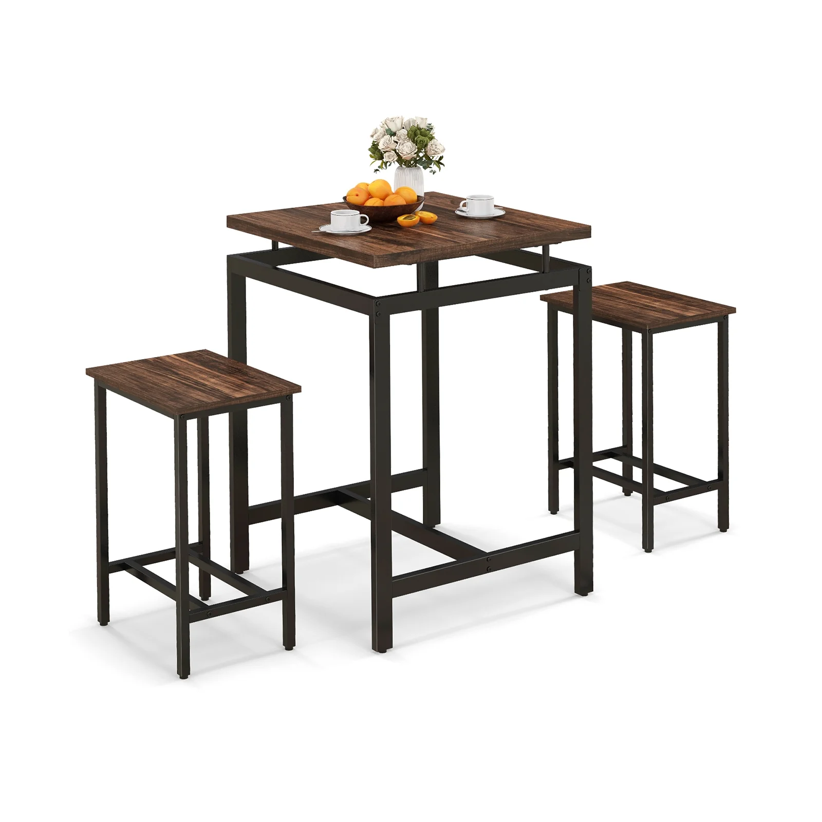 3 Piece Pub Dining Table Set, Floating Tabletop, Footrest, Rustic Brown