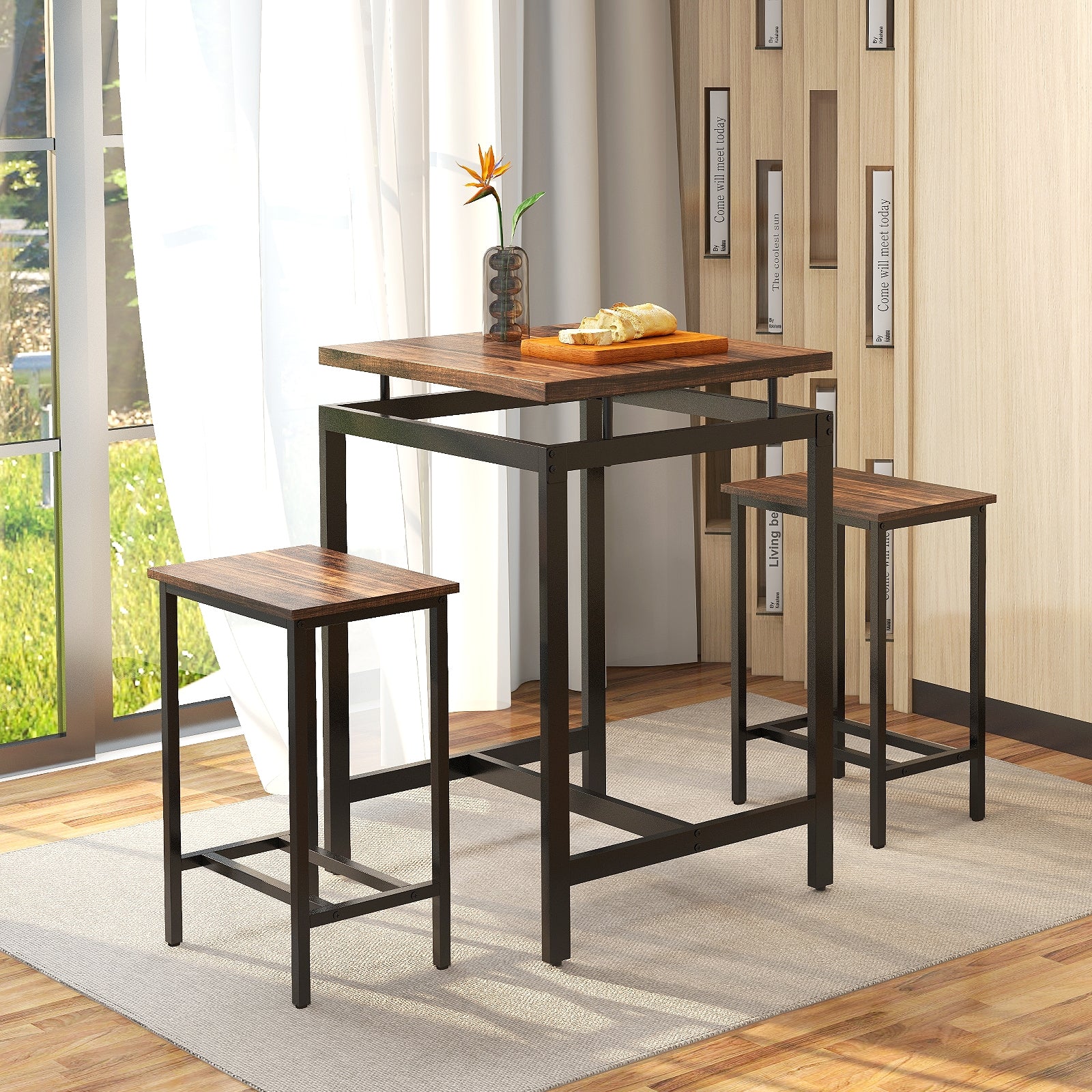3 Piece Pub Dining Table Set, Floating Tabletop, Footrest, Rustic Brown - Image 2