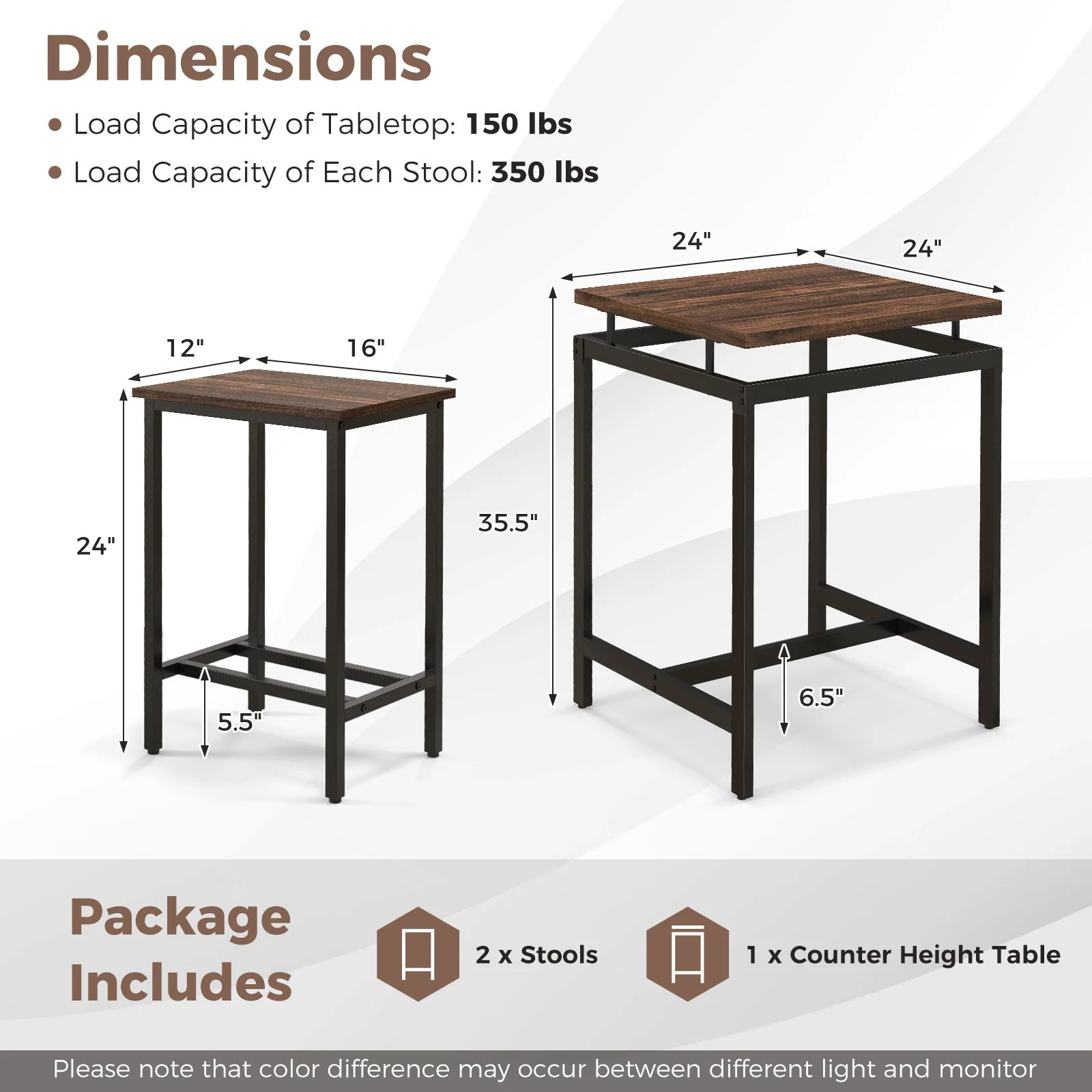 3 Piece Pub Dining Table Set, Floating Tabletop, Footrest, Rustic Brown - Image 6