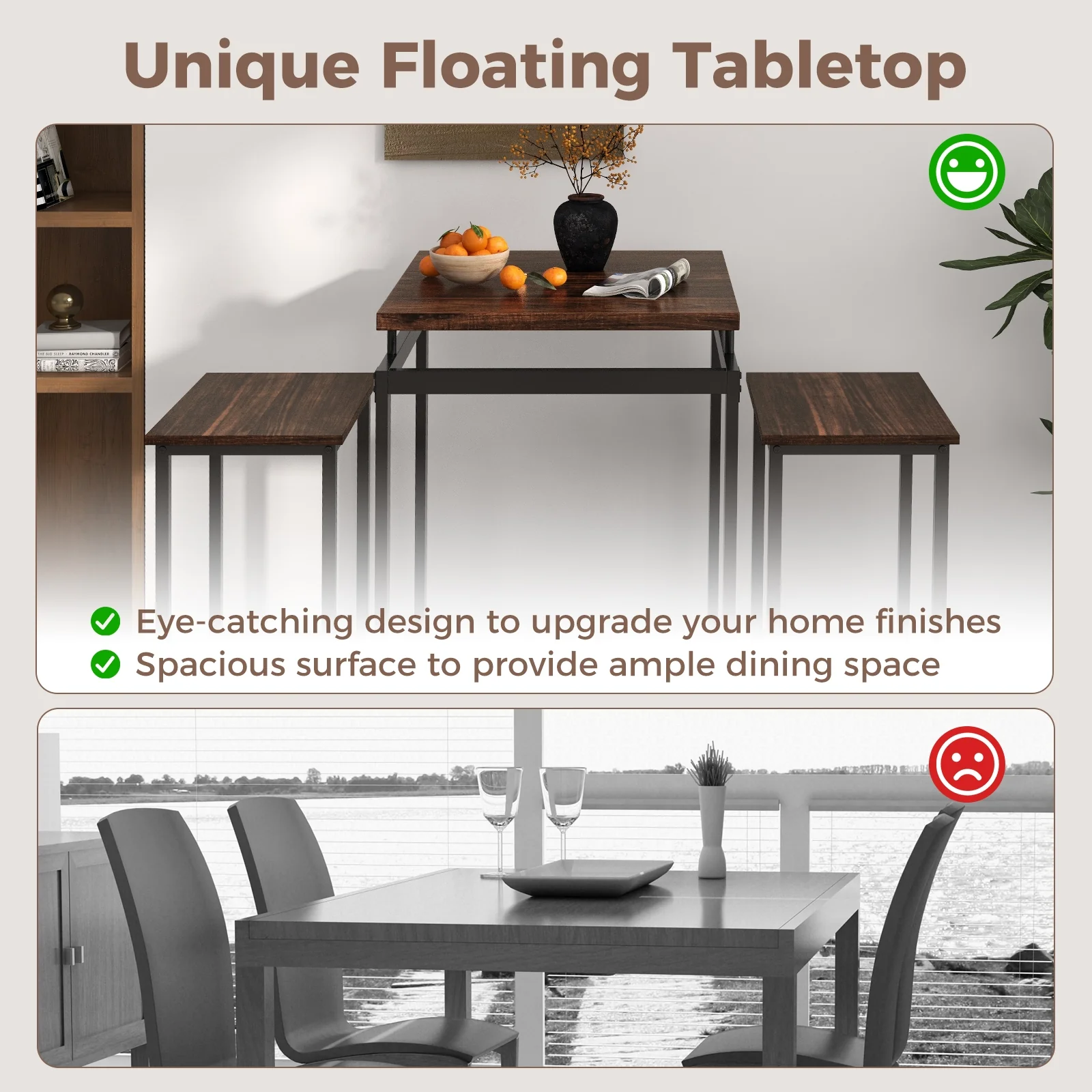 3 Piece Pub Dining Table Set, Floating Tabletop, Footrest, Rustic Brown - Image 8