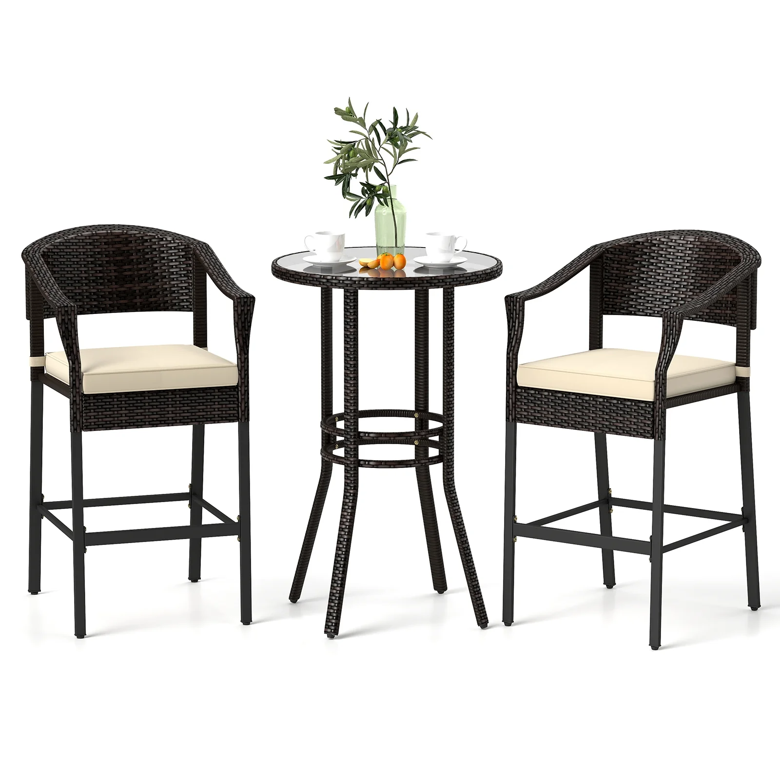 3-Piece Rattan Bar Set, Tempered Glass Top, Brown