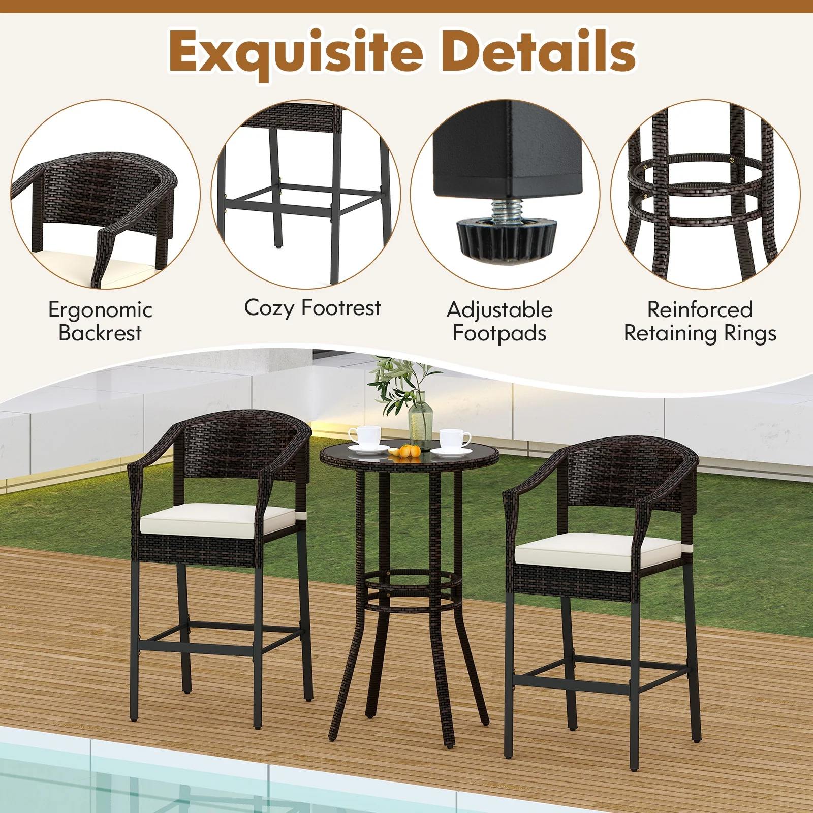 3-Piece Rattan Bar Set, Tempered Glass Top, Brown - Image 10