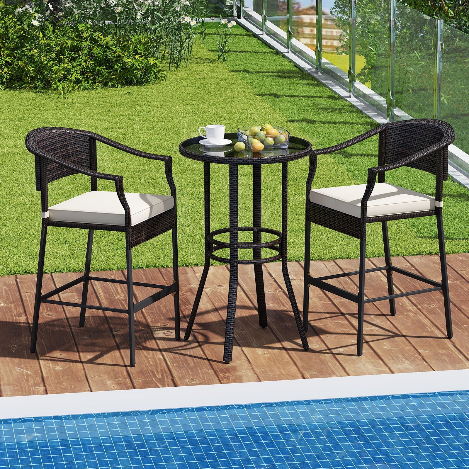 3-Piece Rattan Bar Set, Tempered Glass Top, Brown - Image 3