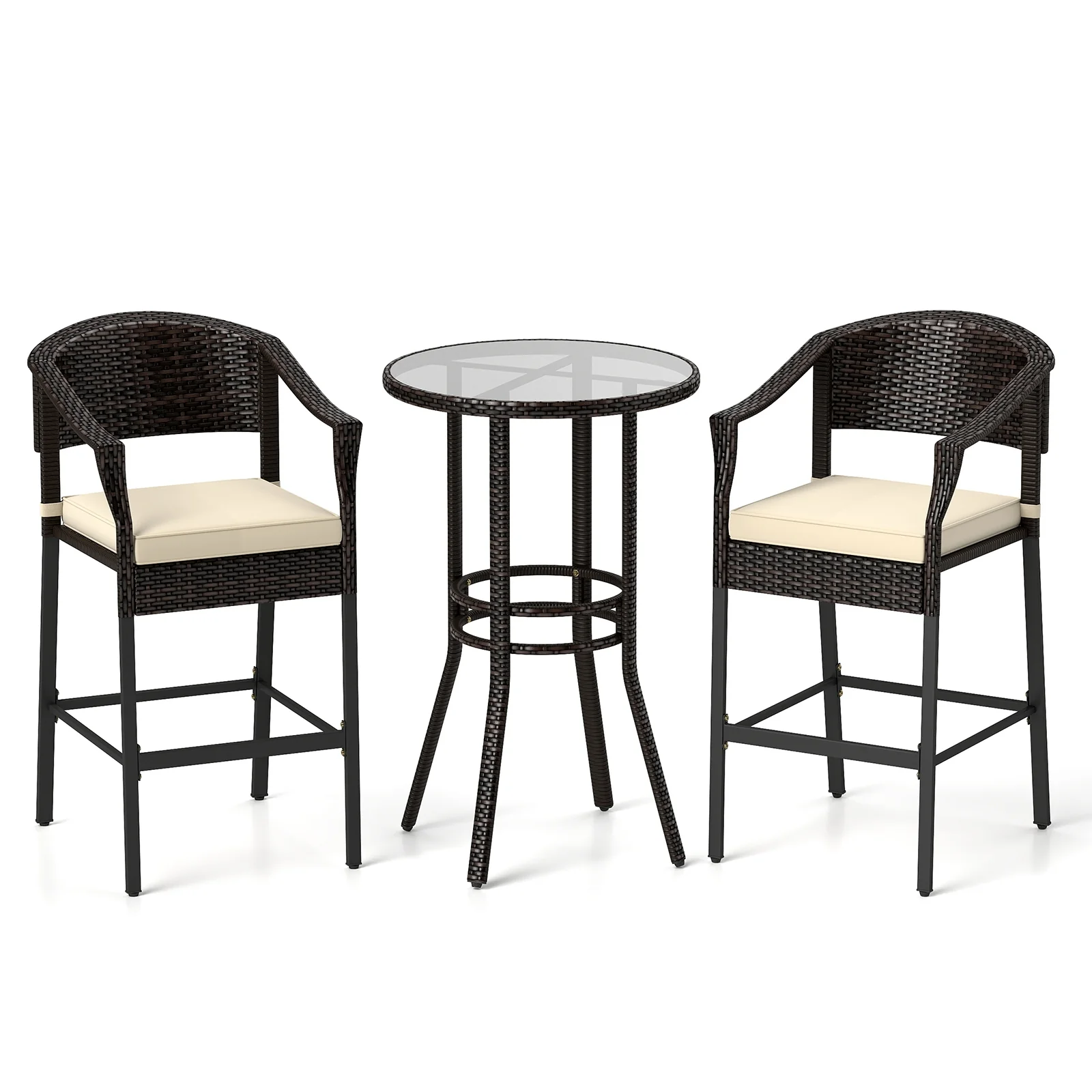3-Piece Rattan Bar Set, Tempered Glass Top, Brown - Image 5