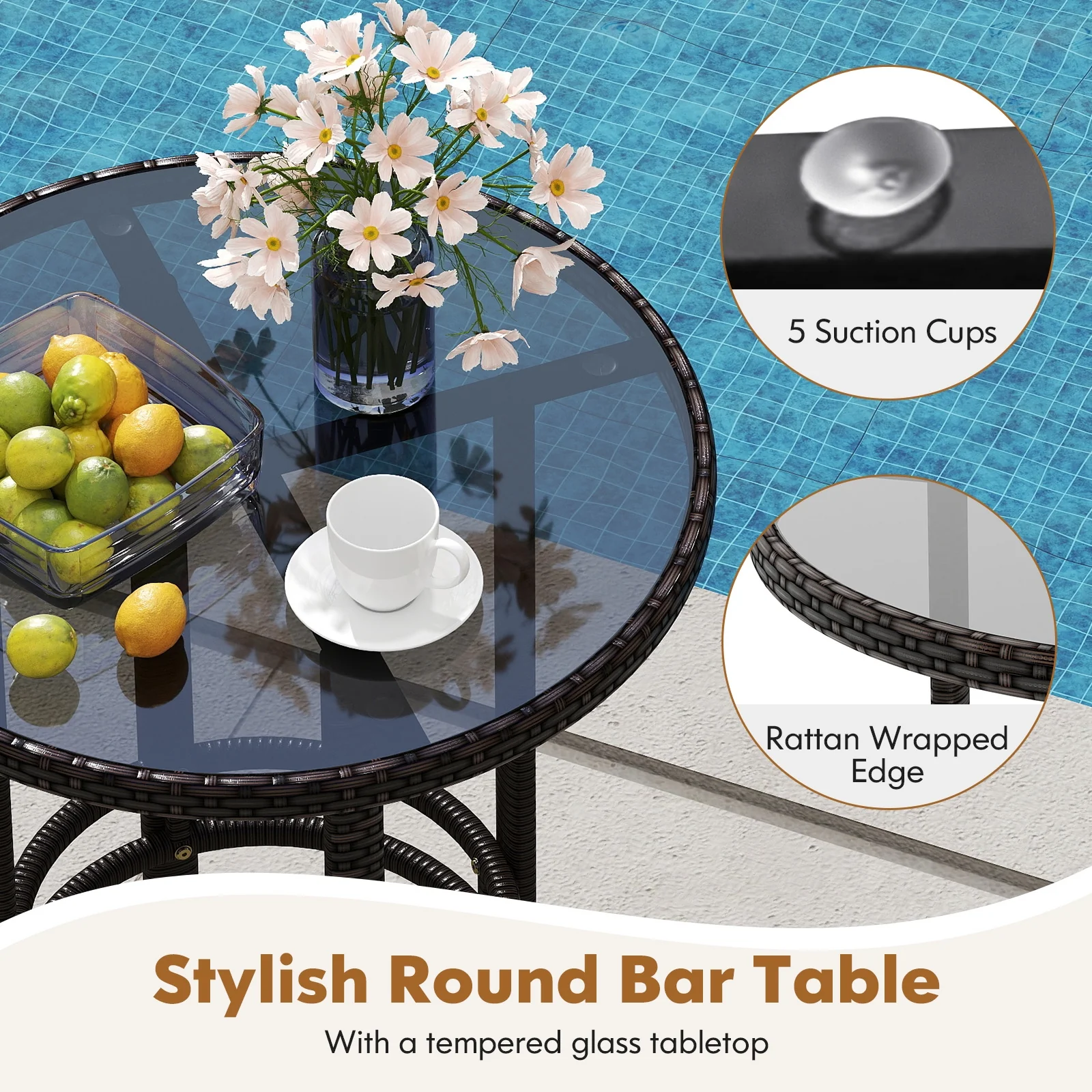 3-Piece Rattan Bar Set, Tempered Glass Top, Brown - Image 8