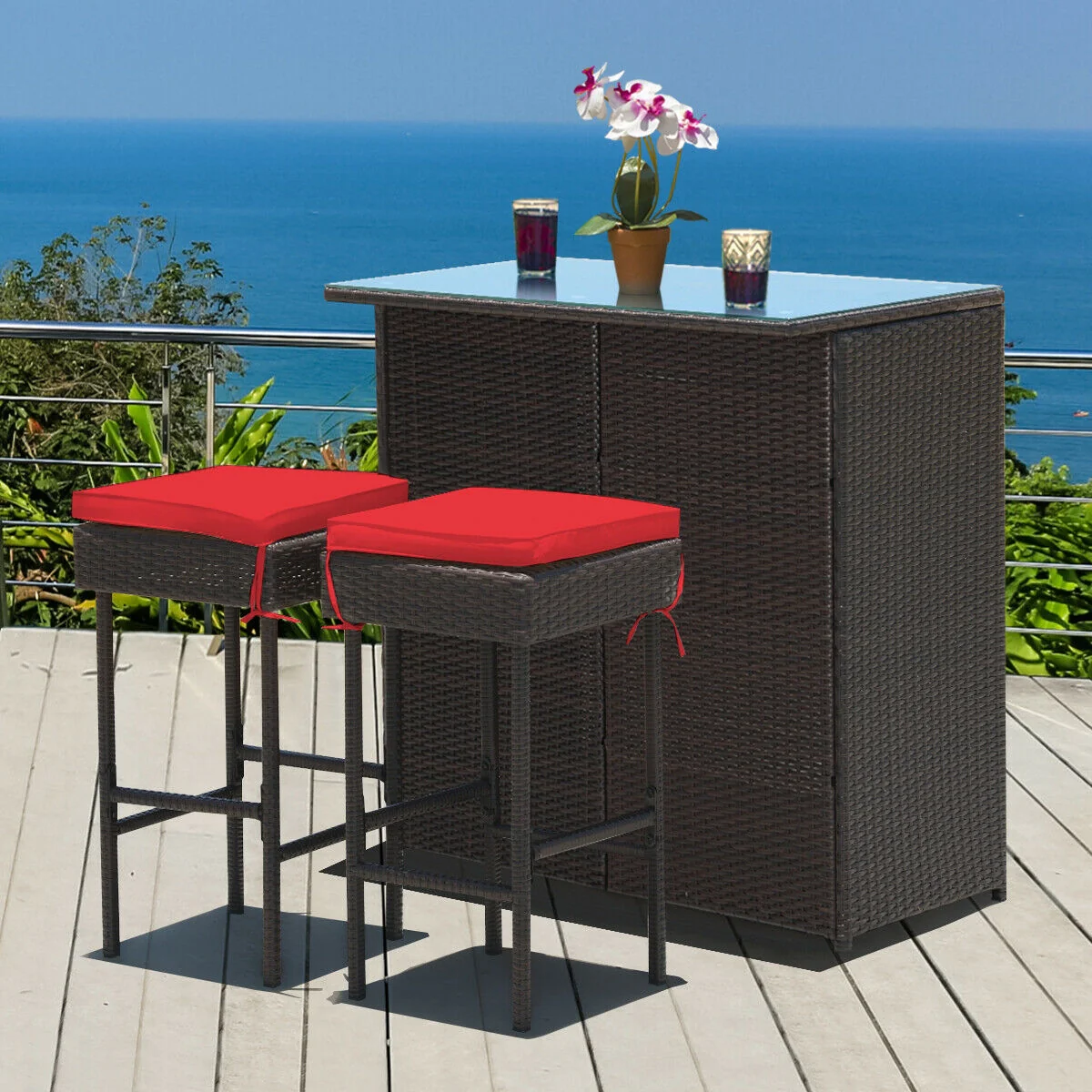 3 Piece Rattan Bar Table Stools Set, Red - Image 2