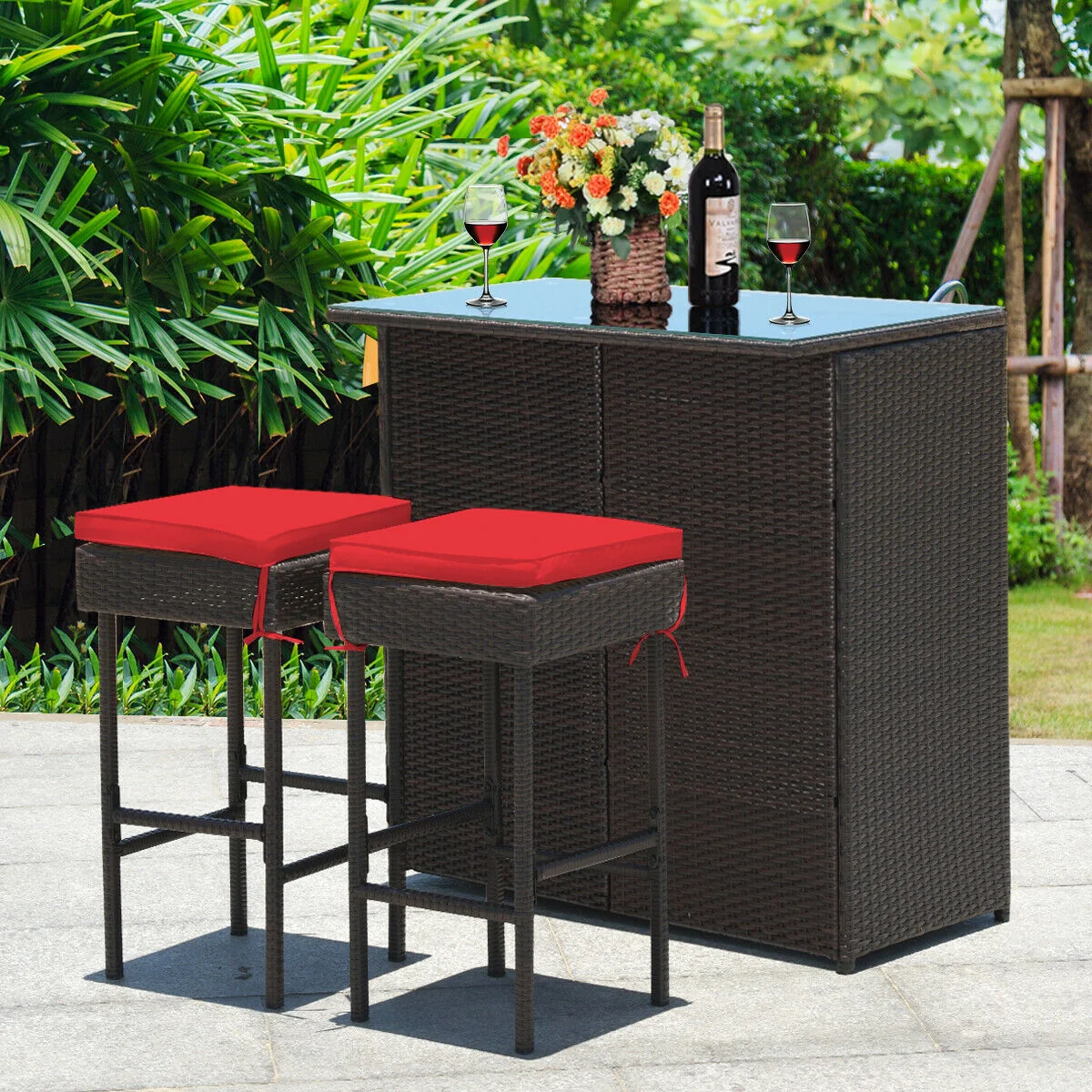 3 Piece Rattan Bar Table Stools Set, Red - Image 3