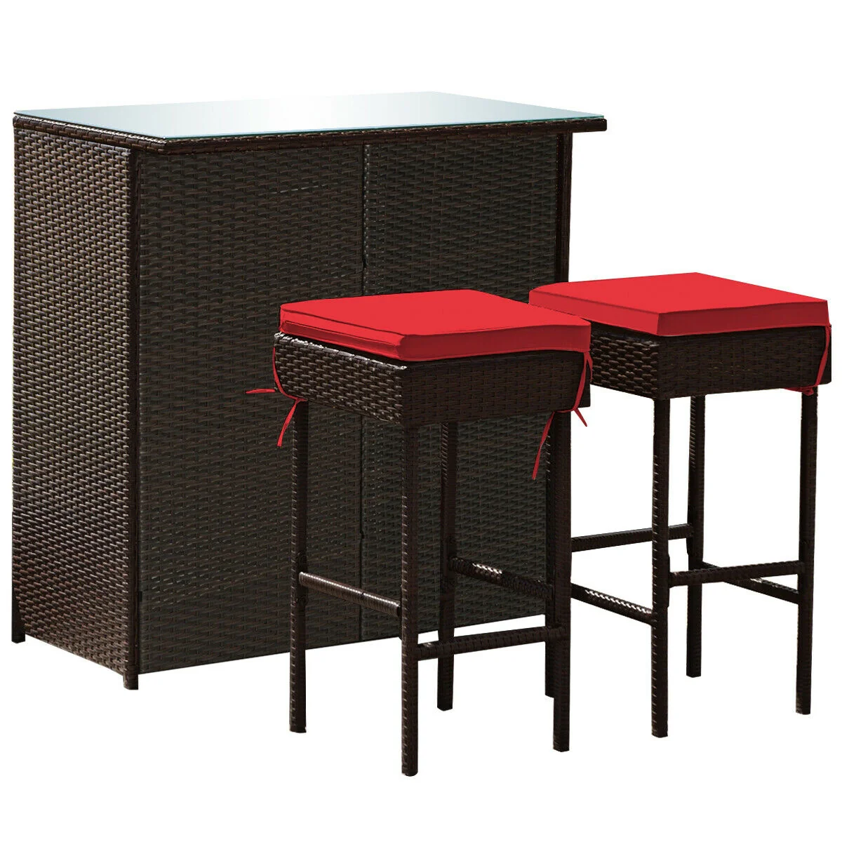 3 Piece Rattan Bar Table Stools Set, Red - Image 4