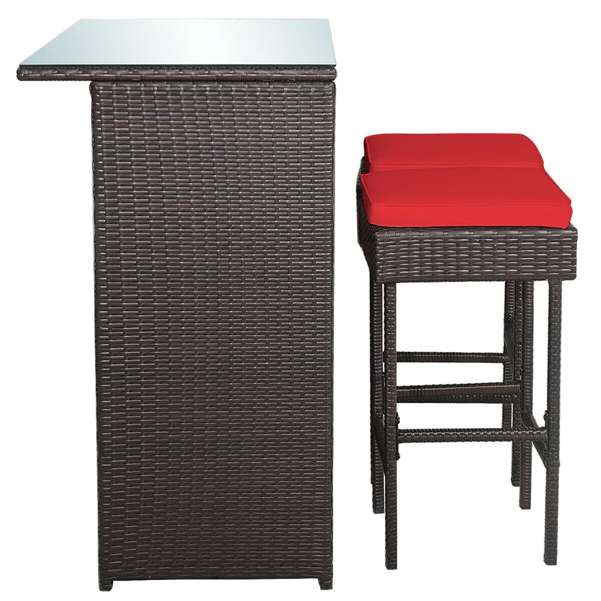 3 Piece Rattan Bar Table Stools Set, Red - Image 5