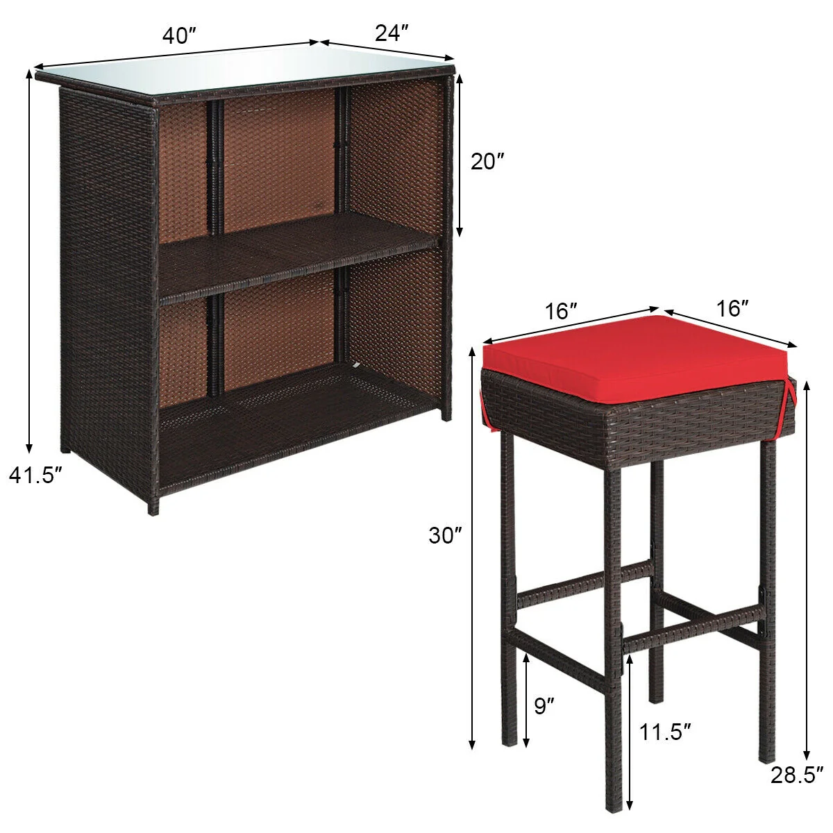 3 Piece Rattan Bar Table Stools Set, Red - Image 6