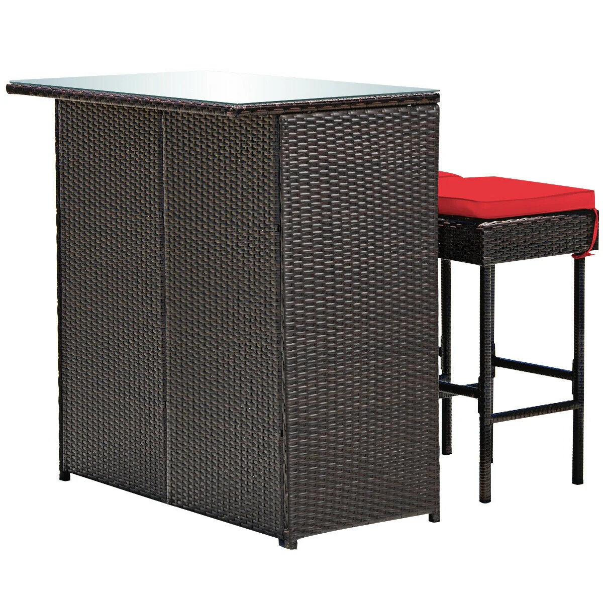 3 Piece Rattan Bar Table Stools Set, Red - Image 9