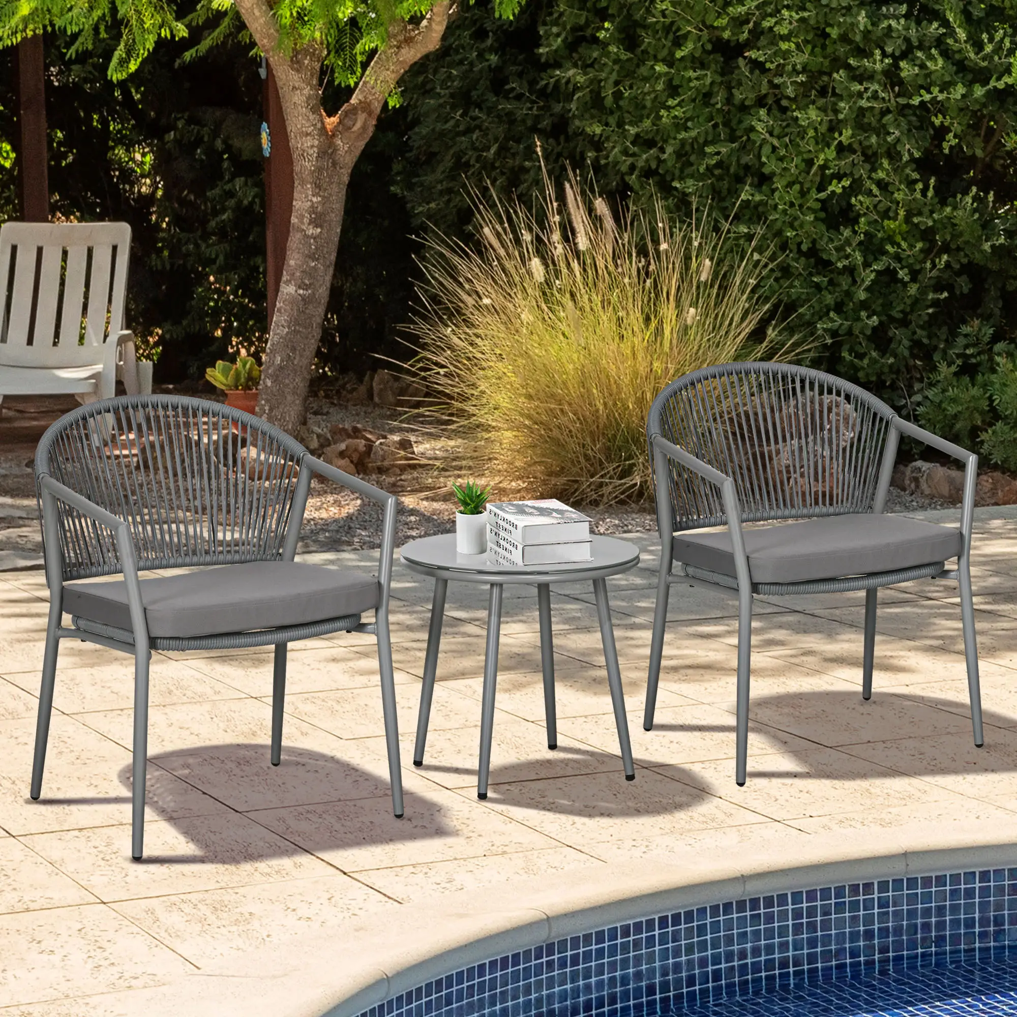 3-Piece Rattan Bistro Set, 2 Armchairs And Coffee Table, Grey - Image 2