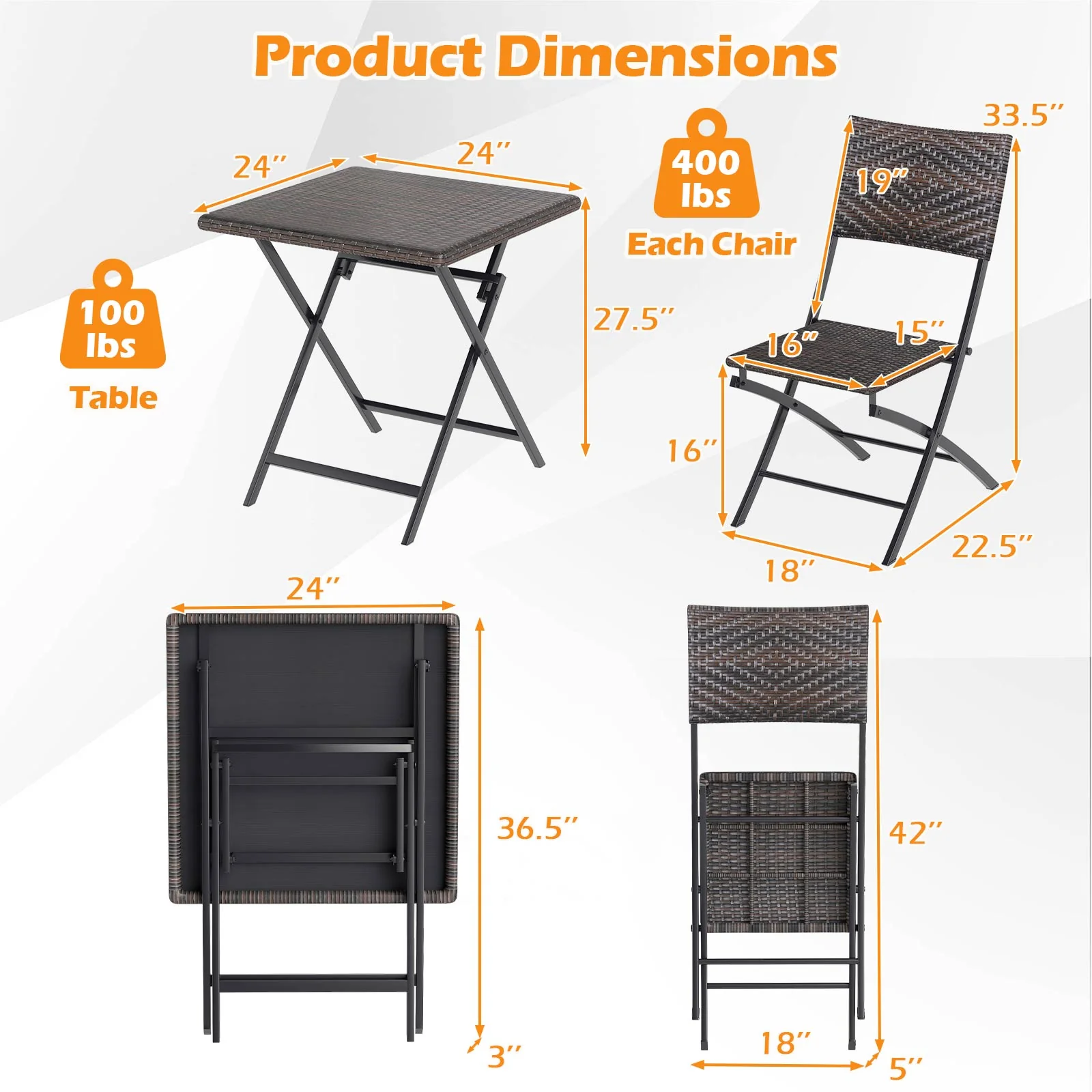 3 Piece Rattan Bistro Set, Outdoor Folding Dining Table And Chairs - Image 6