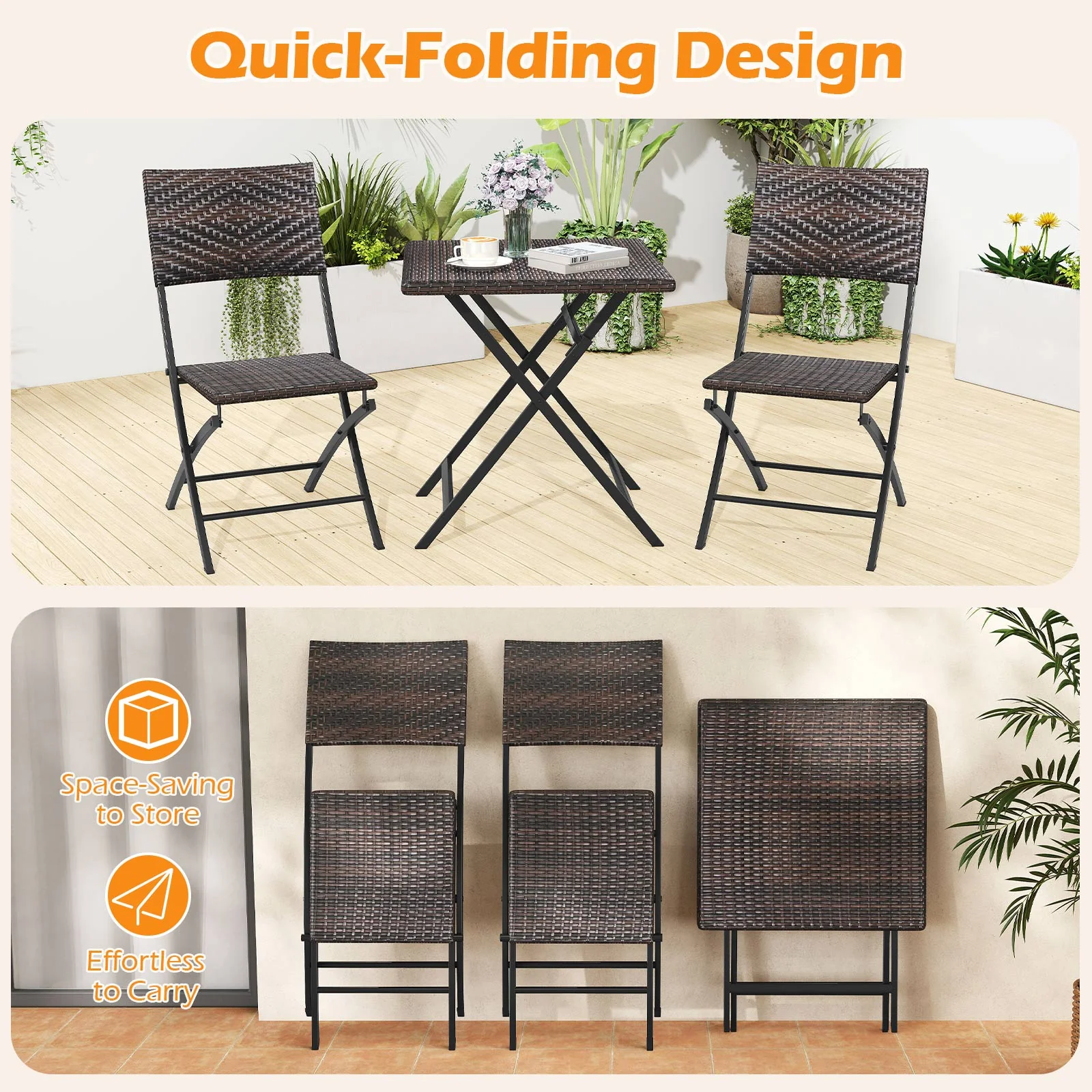 3 Piece Rattan Bistro Set, Outdoor Folding Dining Table And Chairs - Image 9