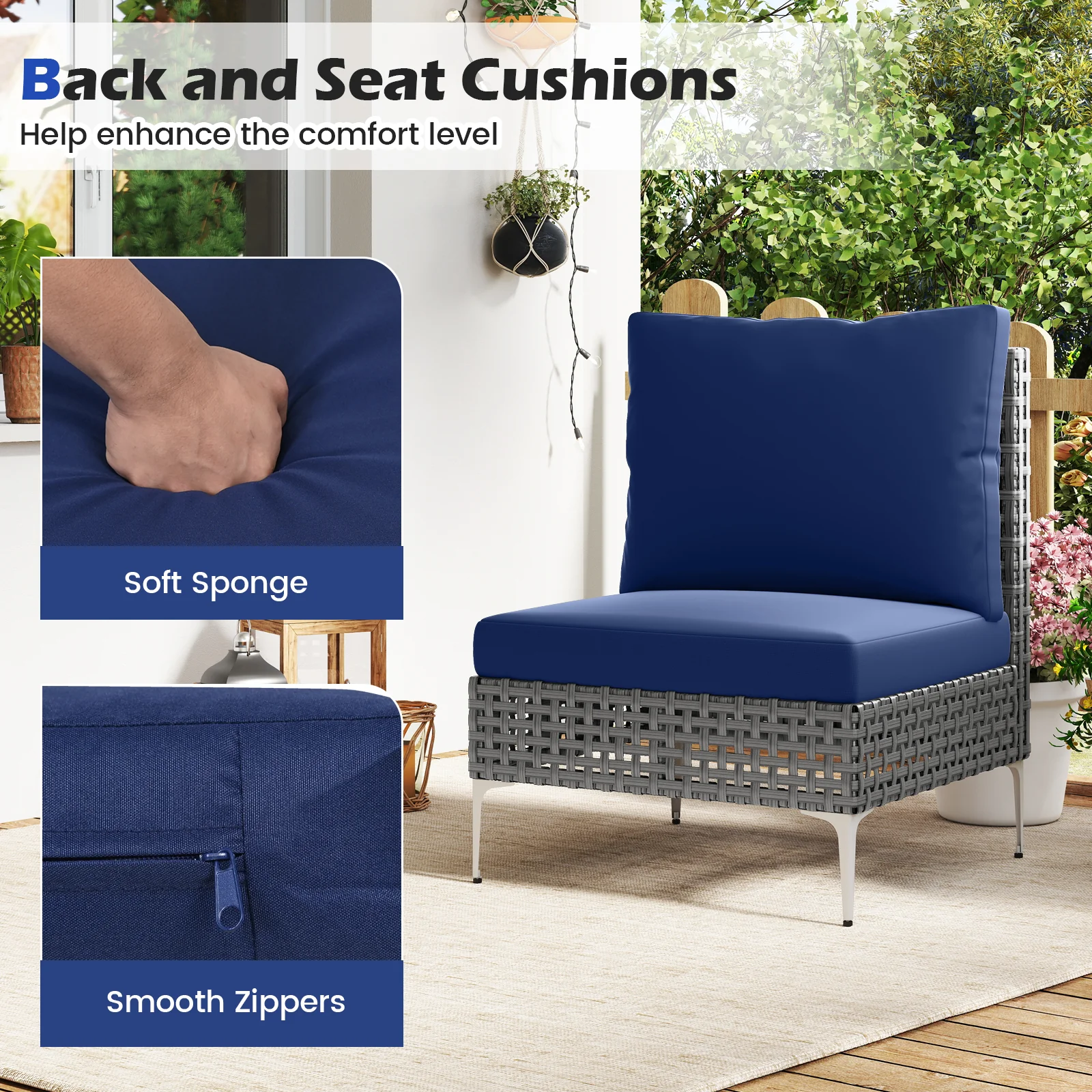 3-Piece Rattan Conversation Set, With Glass Coffee Table, Navy - Image 10