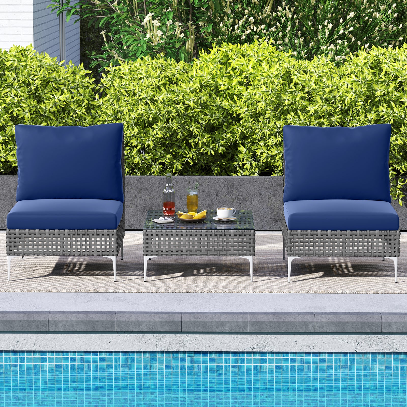 3-Piece Rattan Conversation Set, With Glass Coffee Table, Navy - Image 3
