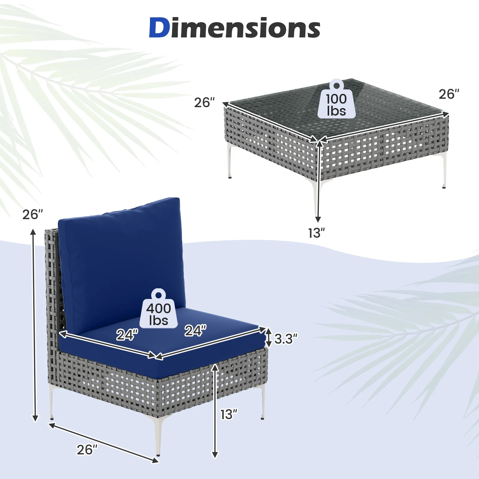 3-Piece Rattan Conversation Set, With Glass Coffee Table, Navy - Image 6
