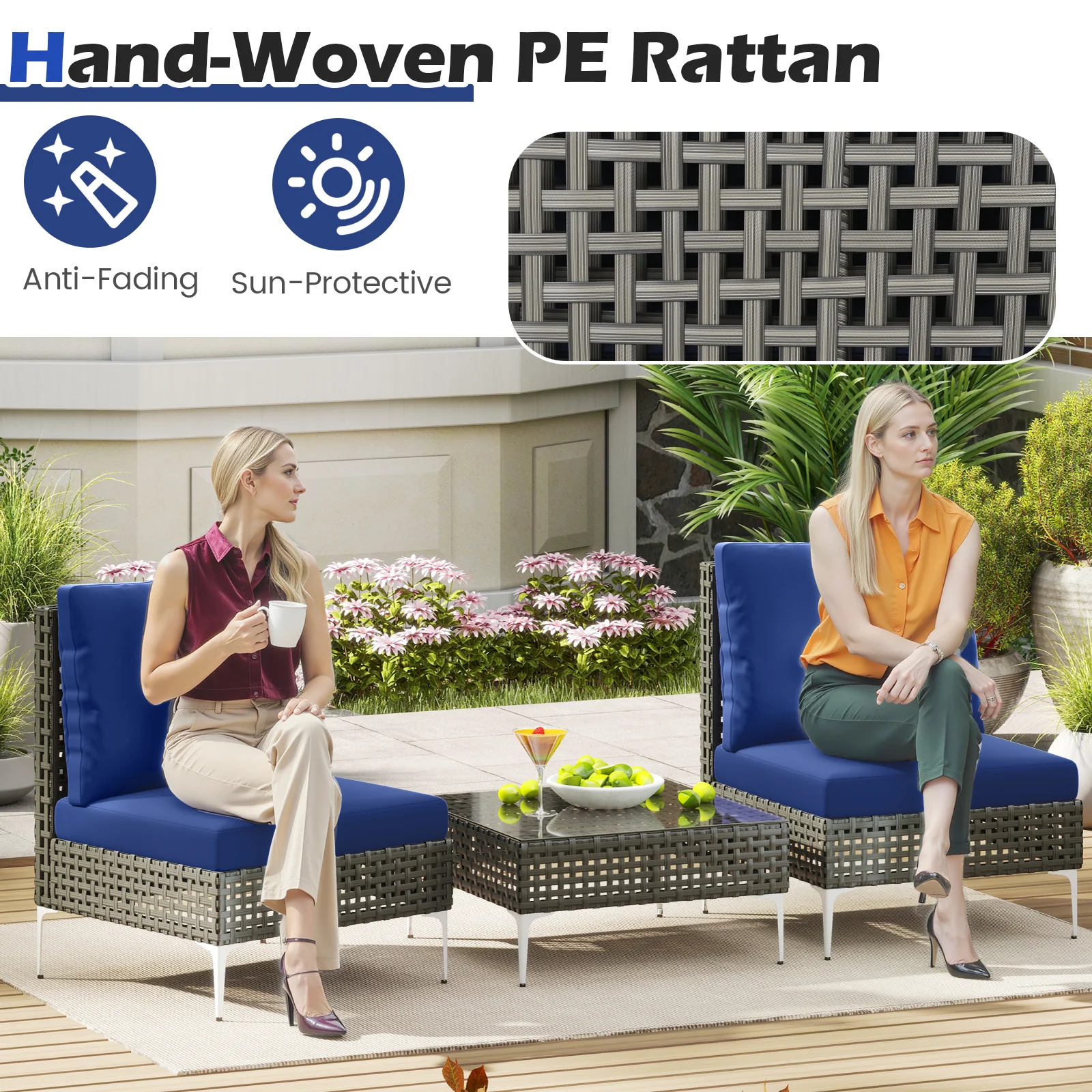 3-Piece Rattan Conversation Set, With Glass Coffee Table, Navy - Image 8