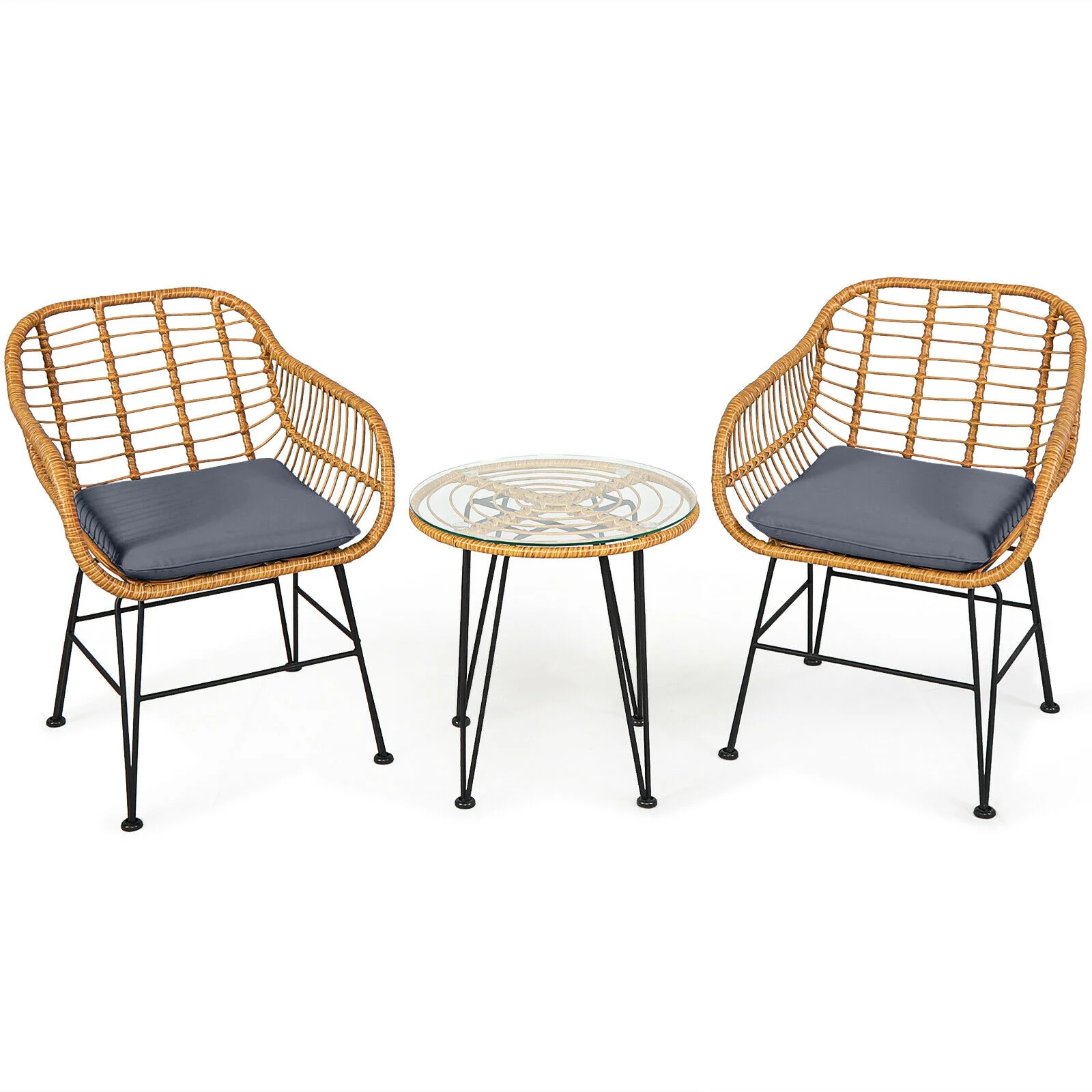3 Piece Rattan Furniture Set, Cushioned Chair Table, Gray