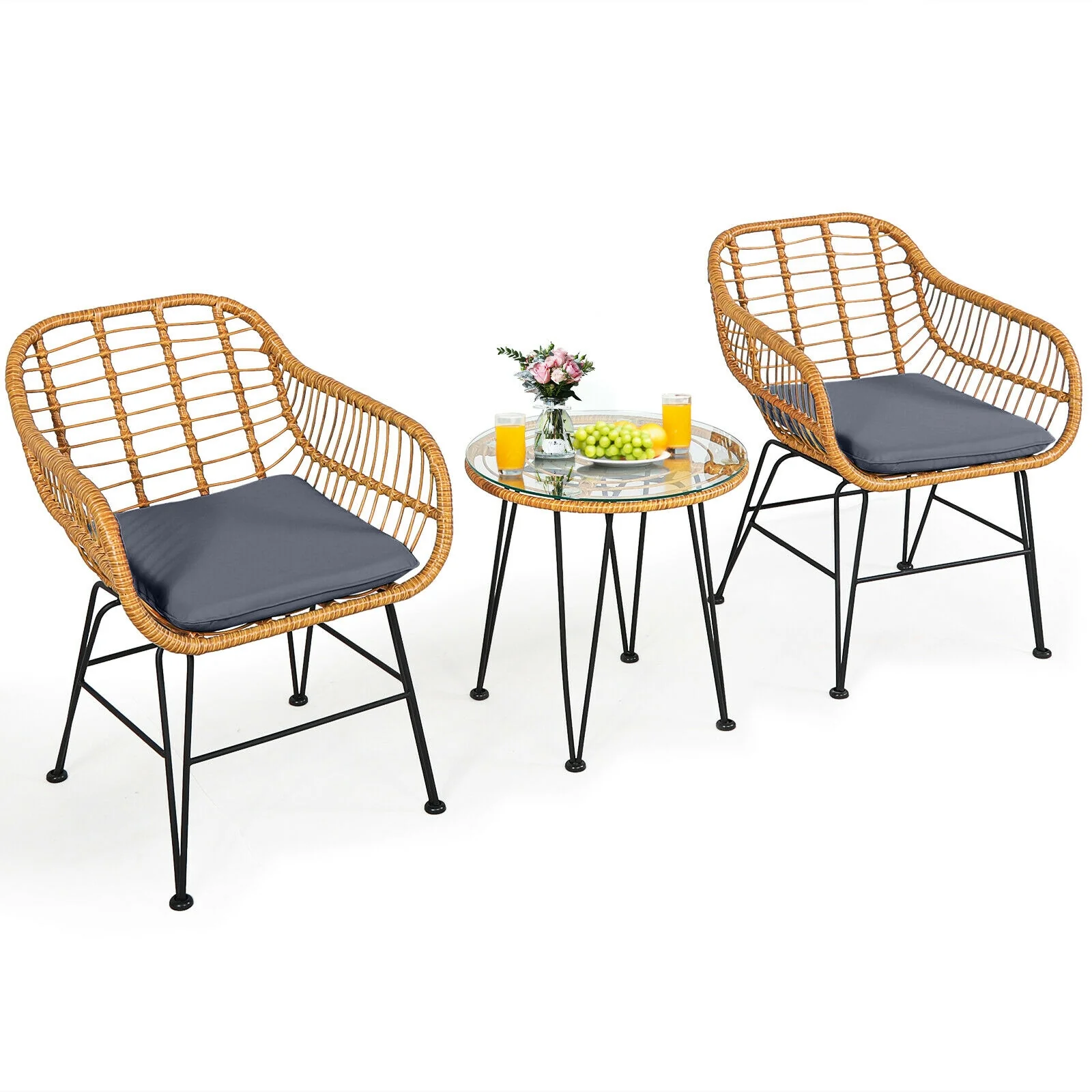 3 Piece Rattan Furniture Set, Cushioned Chair Table, Gray - Image 10