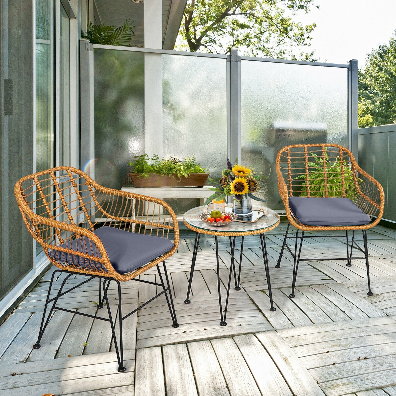 3 Piece Rattan Furniture Set, Cushioned Chair Table, Gray - Image 2