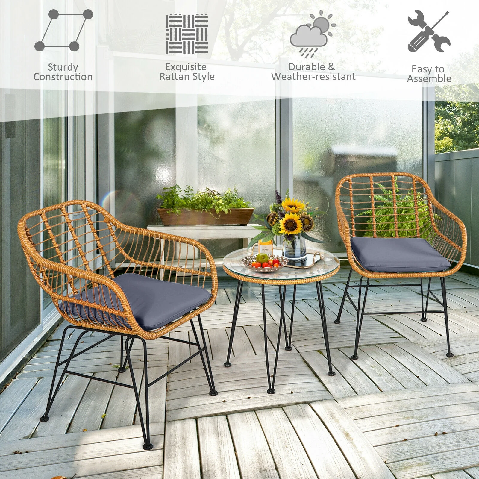 3 Piece Rattan Furniture Set, Cushioned Chair Table, Gray - Image 3