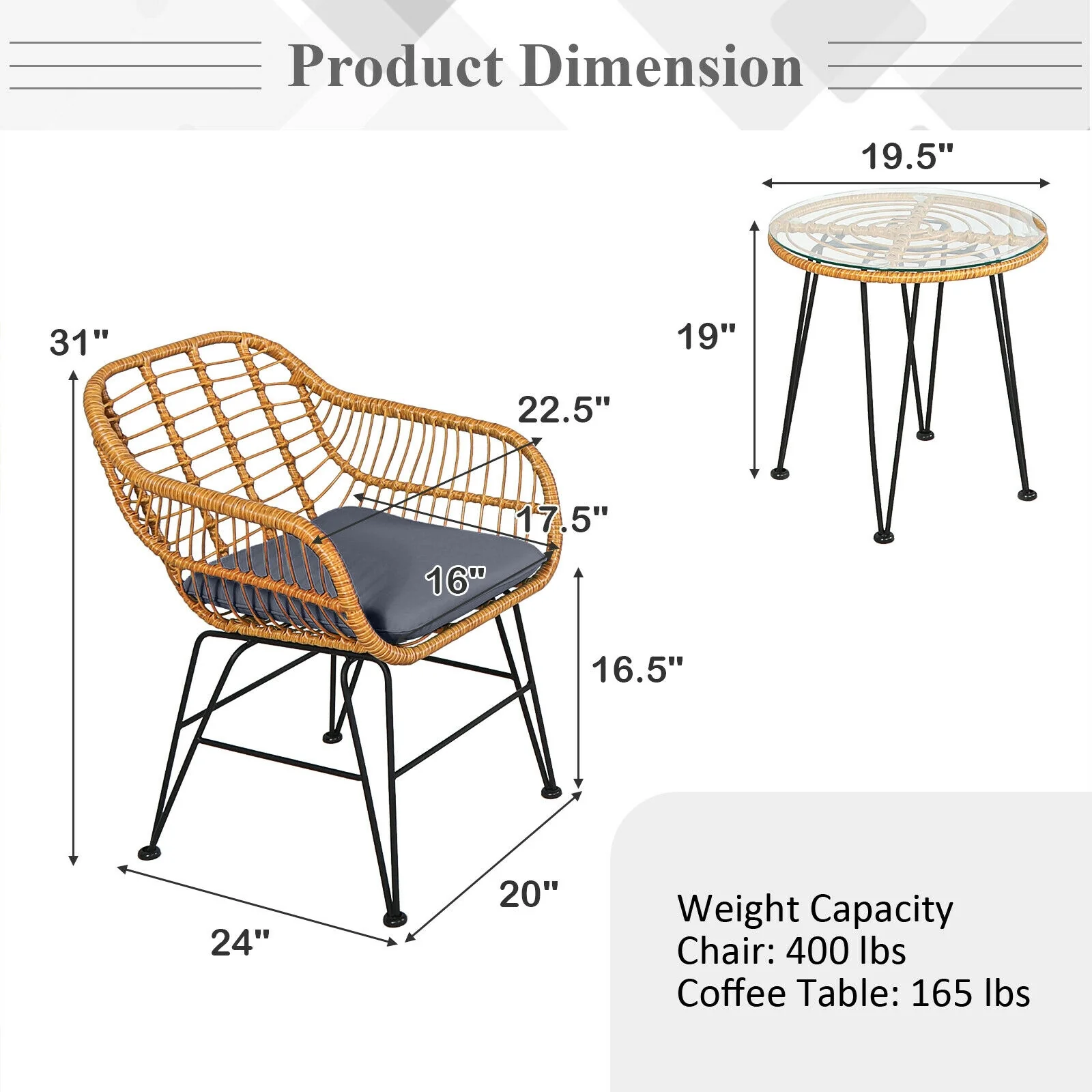 3 Piece Rattan Furniture Set, Cushioned Chair Table, Gray - Image 5