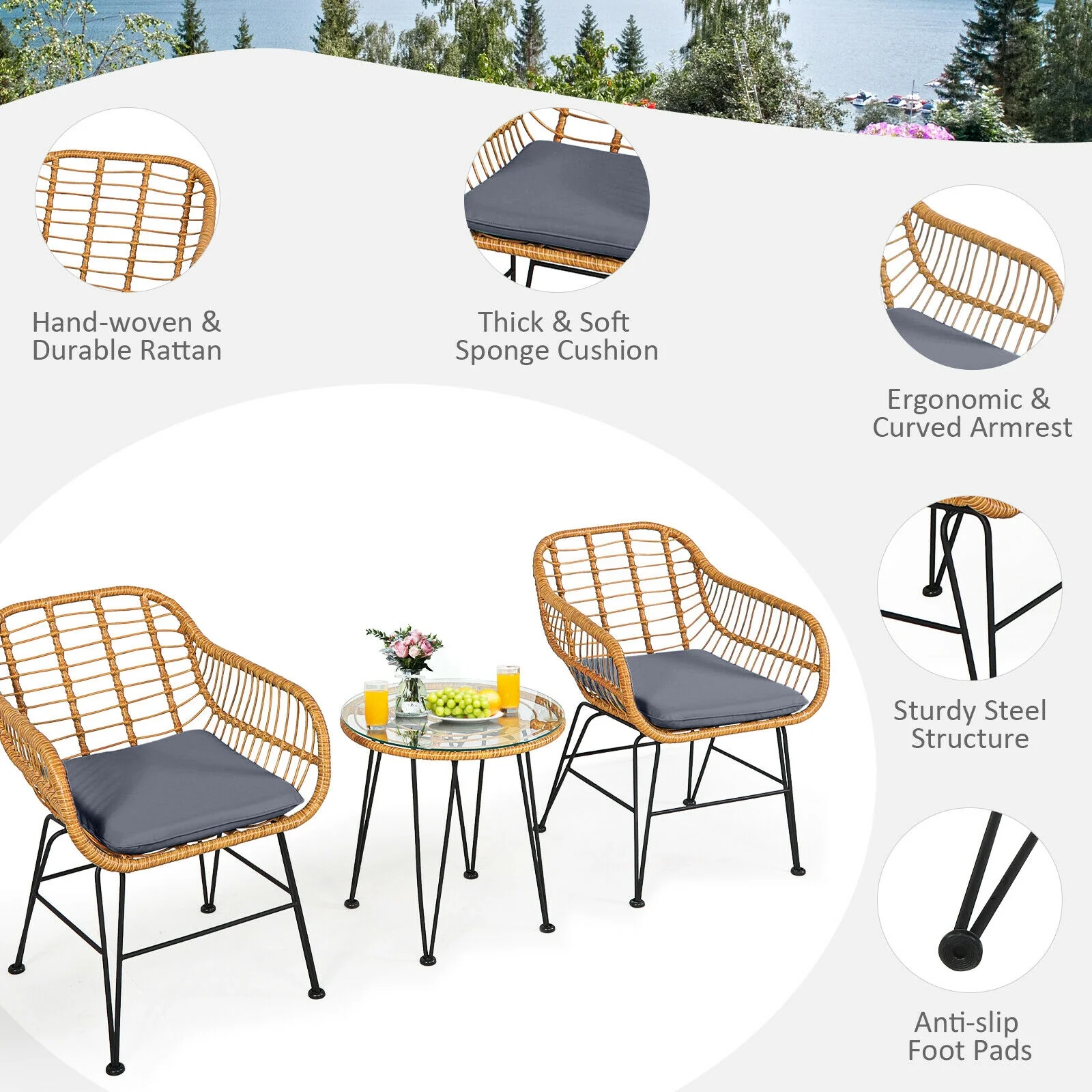 3 Piece Rattan Furniture Set, Cushioned Chair Table, Gray - Image 6