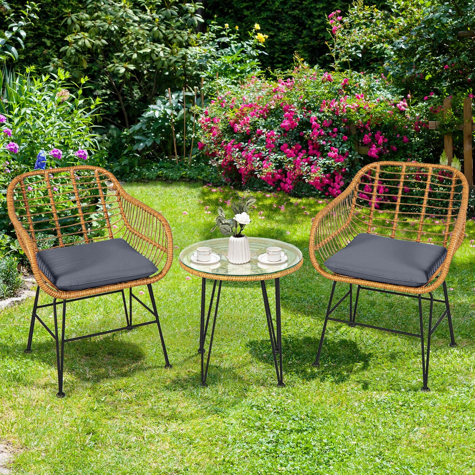 3 Piece Rattan Furniture Set, Cushioned Chair Table, Gray - Image 7
