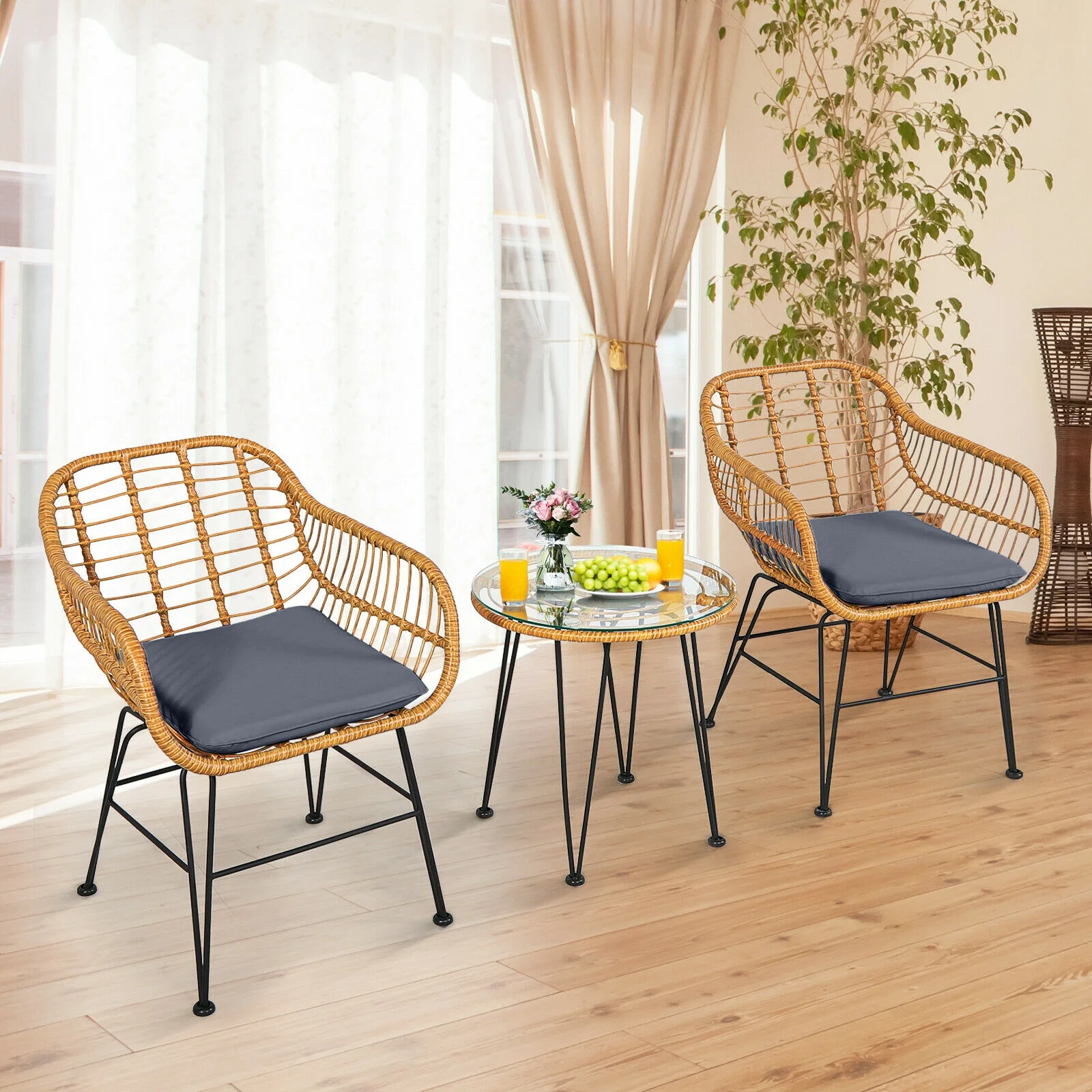 3 Piece Rattan Furniture Set, Cushioned Chair Table, Gray - Image 8