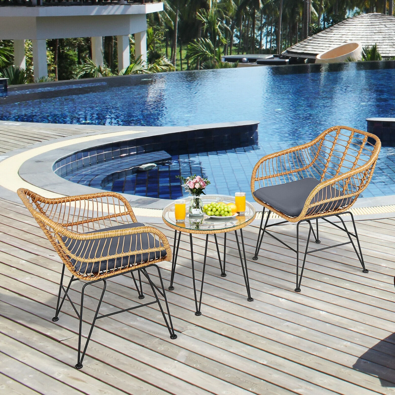 3 Piece Rattan Furniture Set, Cushioned Chair Table, Gray - Image 9