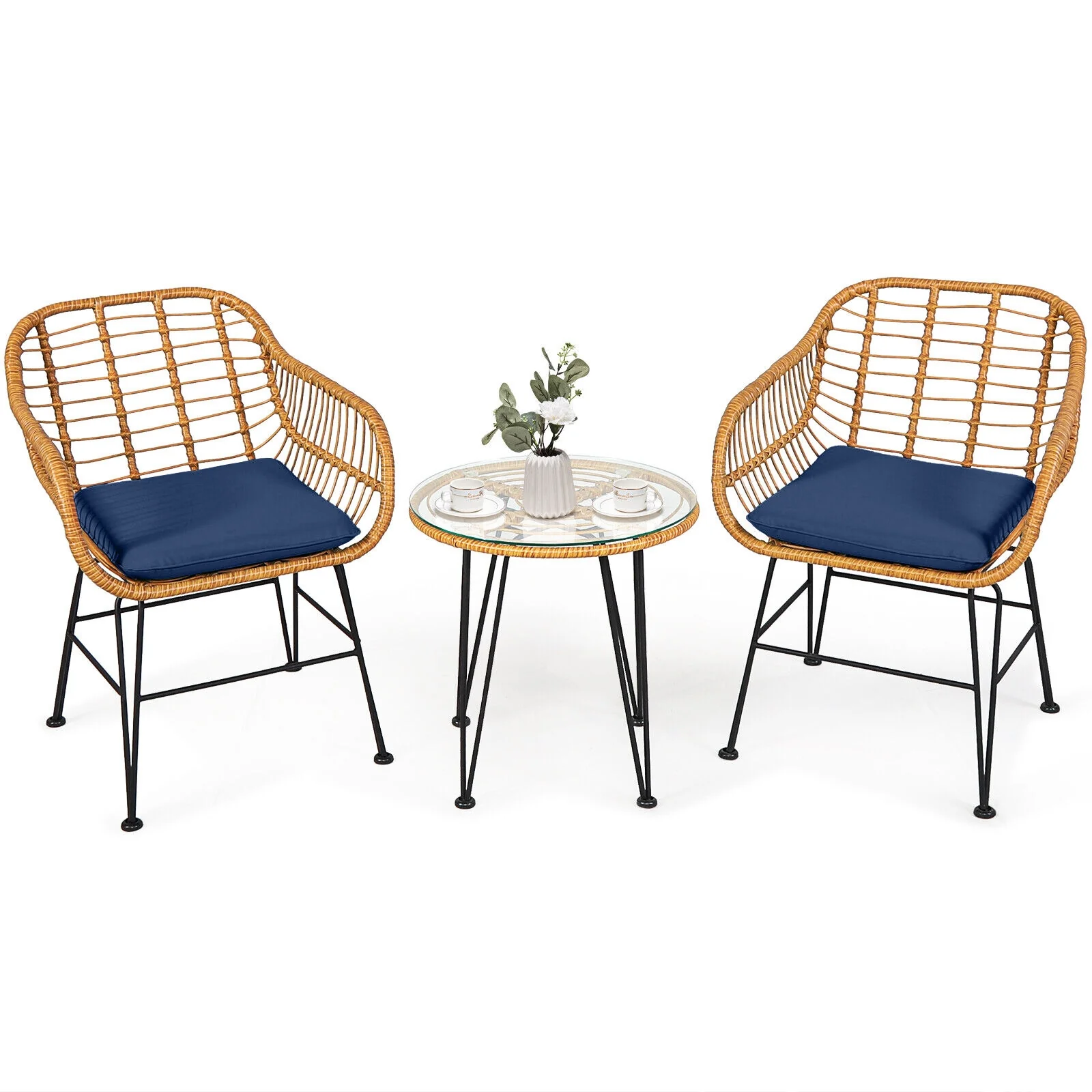 3 Piece Rattan Furniture Set, Cushioned Chair Table, Navy - Image 10