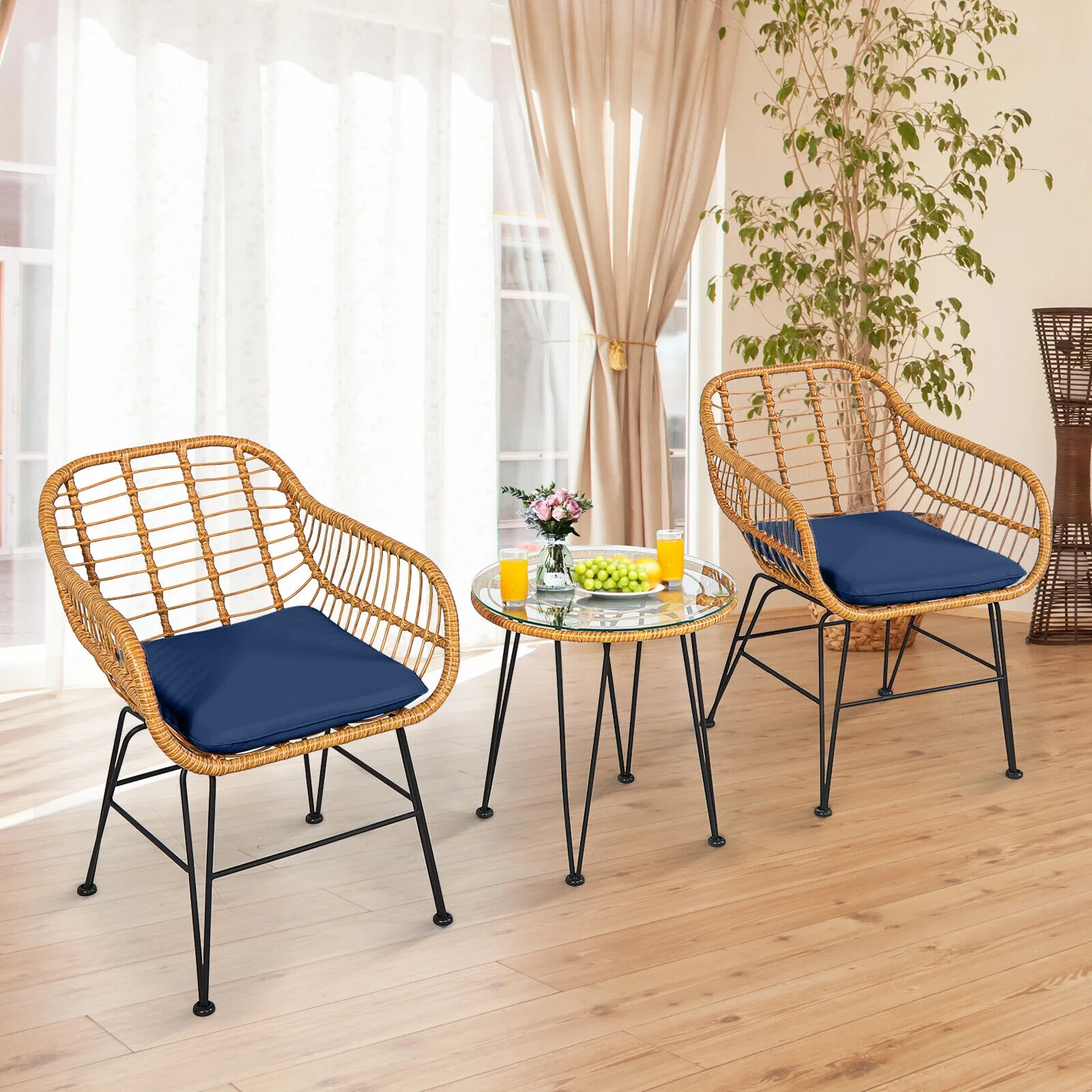3 Piece Rattan Furniture Set, Cushioned Chair Table, Navy - Image 2