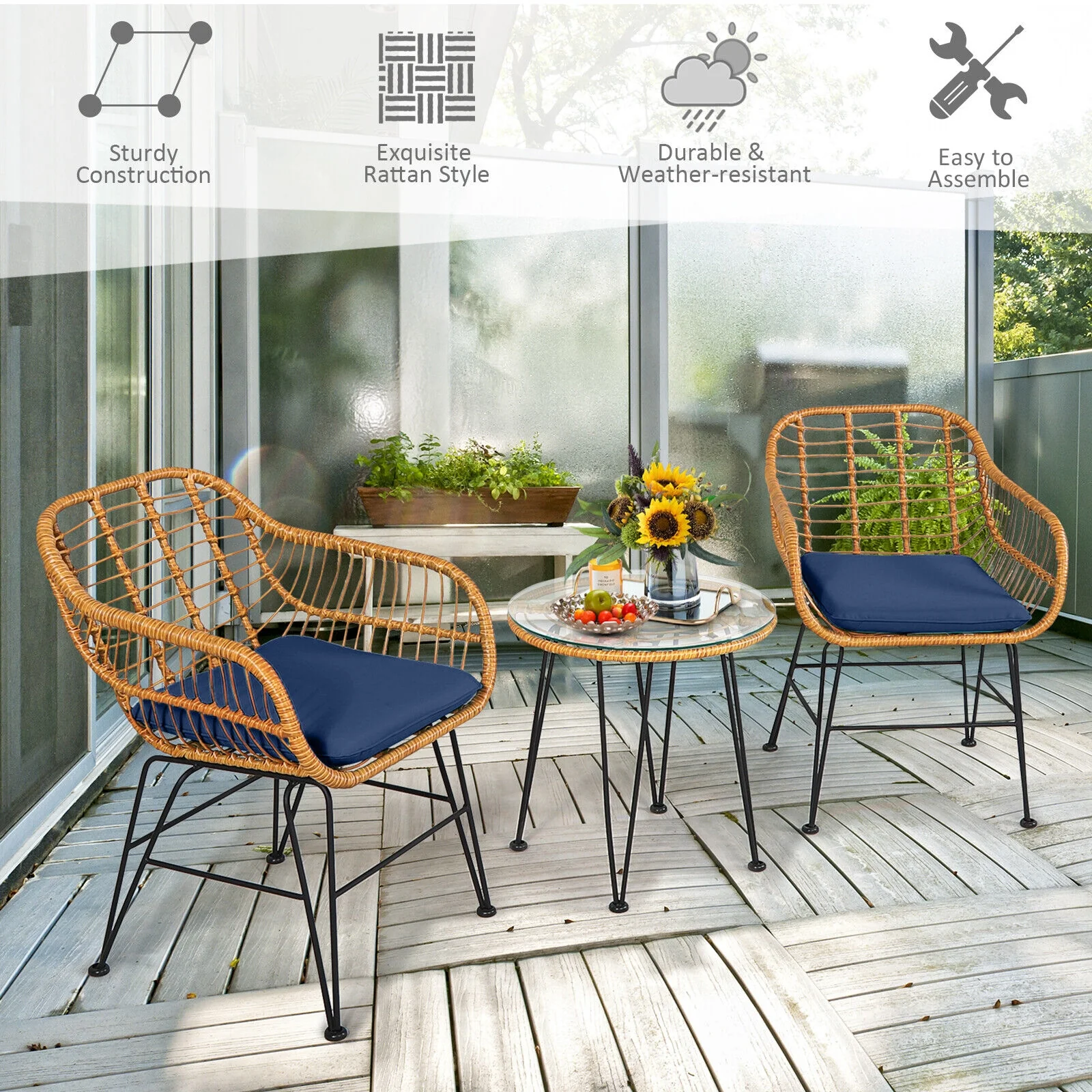 3 Piece Rattan Furniture Set, Cushioned Chair Table, Navy - Image 3