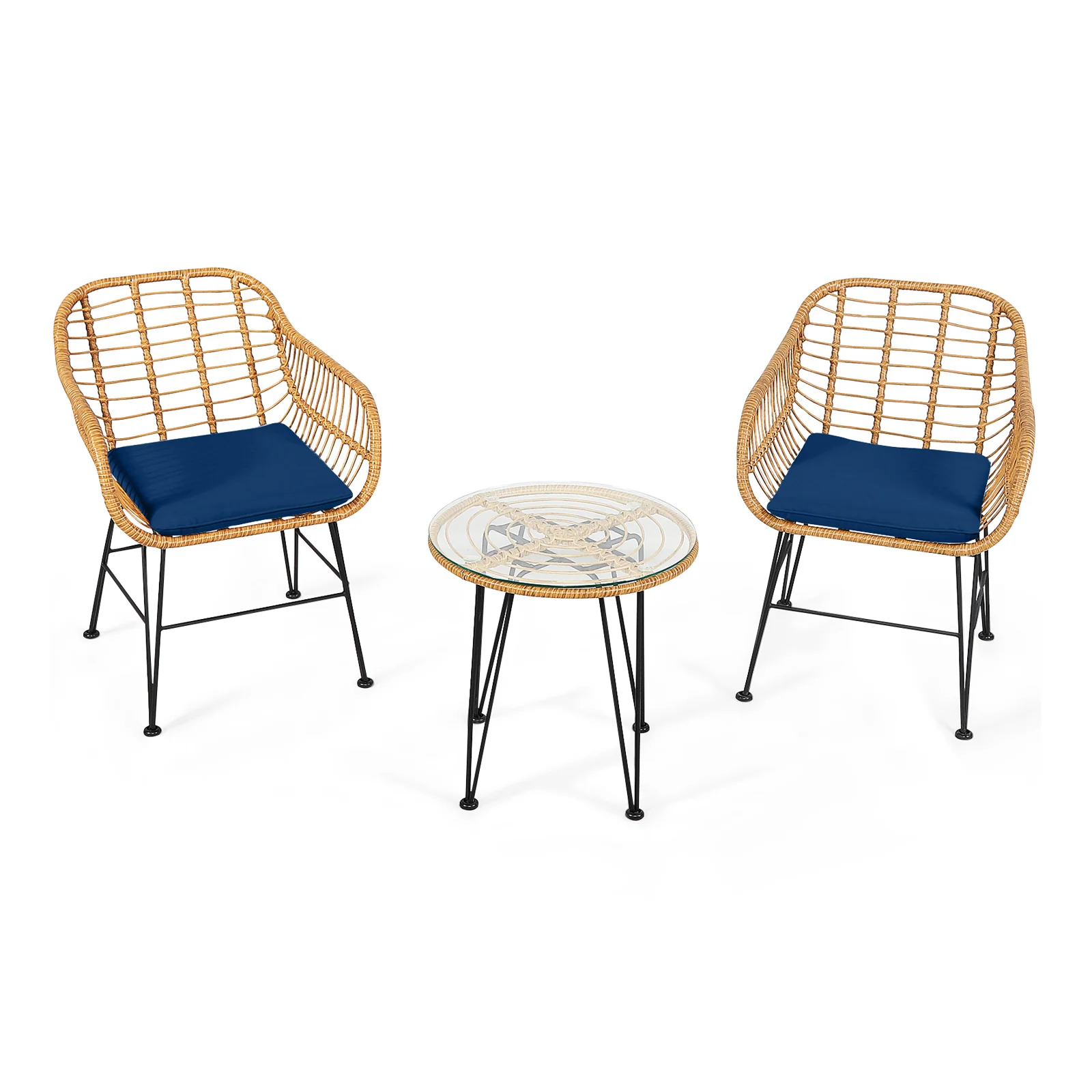 3 Piece Rattan Furniture Set, Cushioned Chair Table, Navy - Image 4