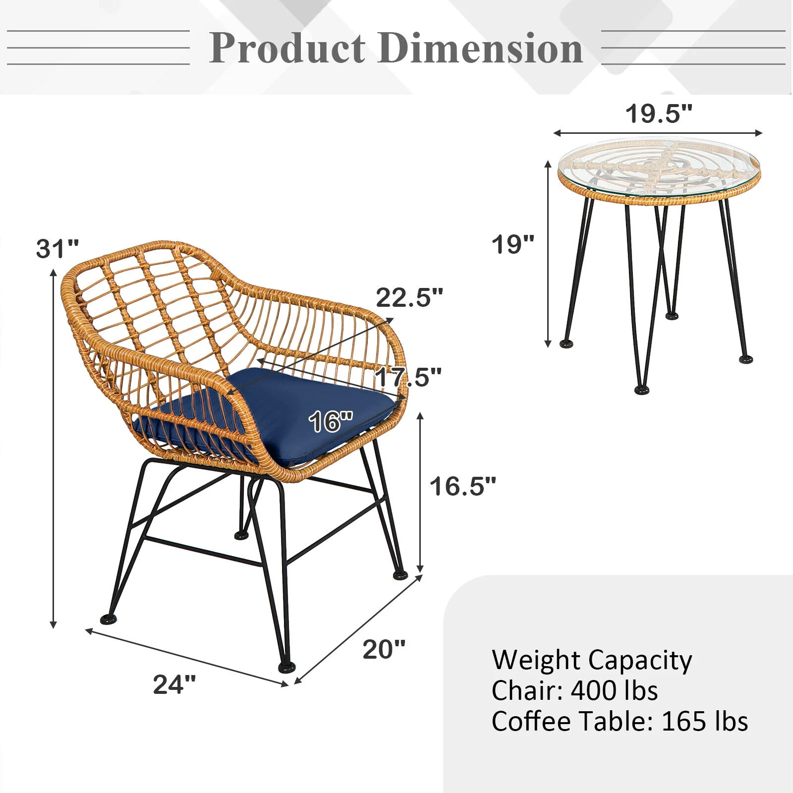 3 Piece Rattan Furniture Set, Cushioned Chair Table, Navy - Image 5