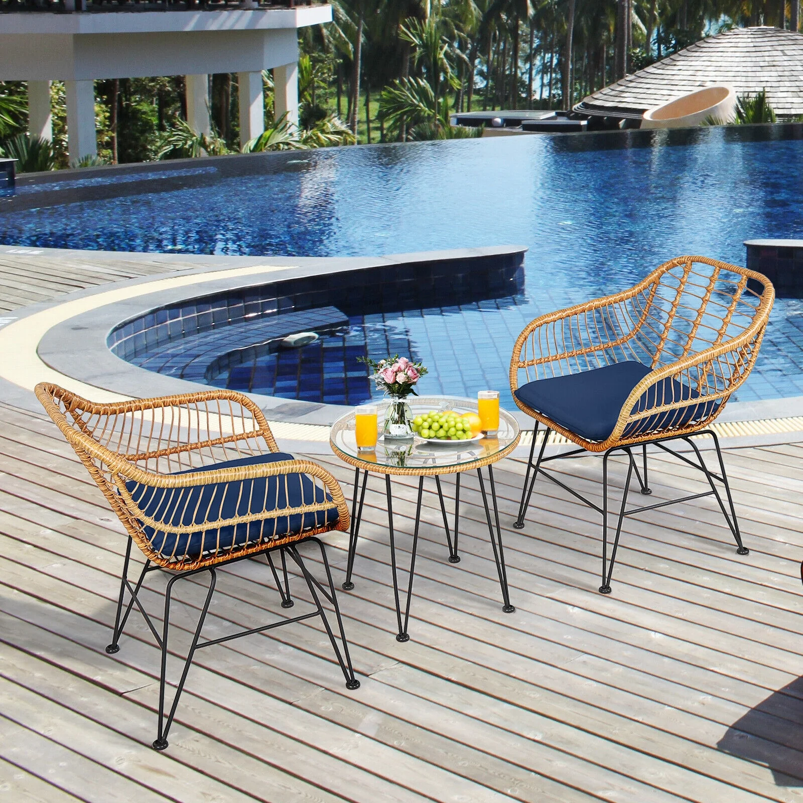 3 Piece Rattan Furniture Set, Cushioned Chair Table, Navy - Image 7