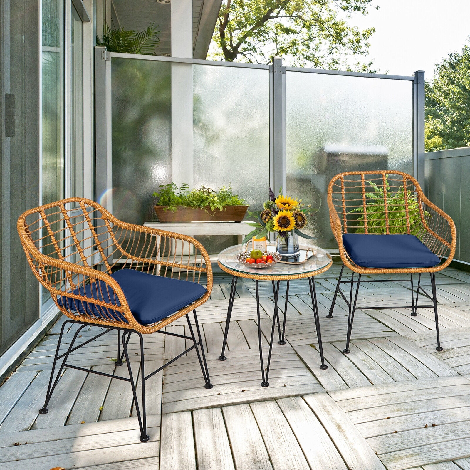3 Piece Rattan Furniture Set, Cushioned Chair Table, Navy - Image 8