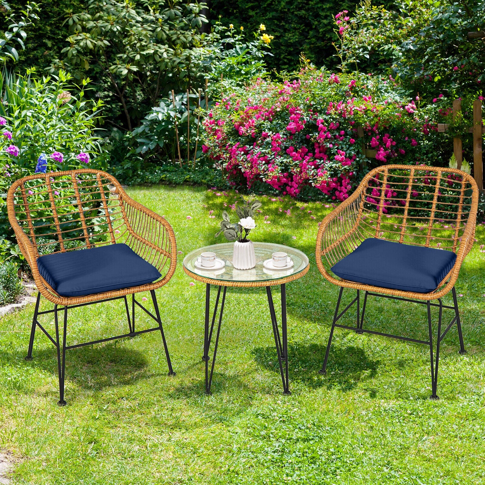3 Piece Rattan Furniture Set, Cushioned Chair Table, Navy - Image 9