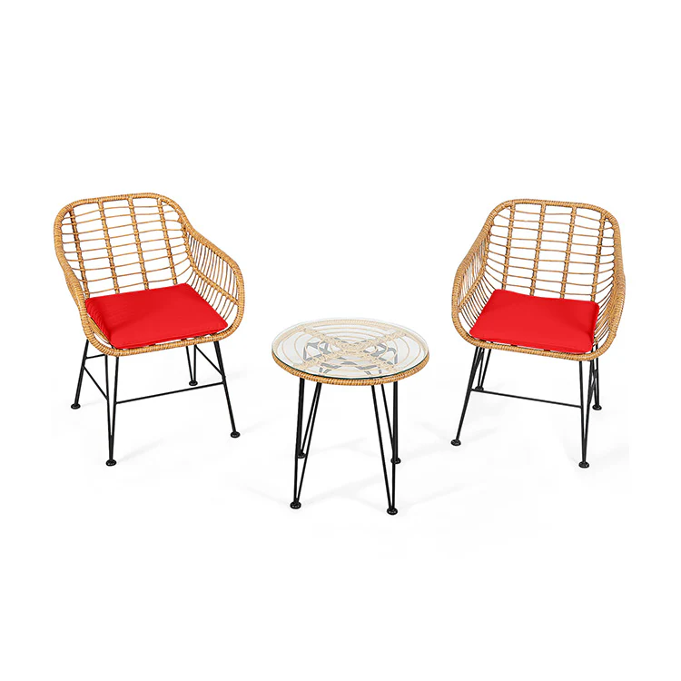 3 Piece Rattan Furniture Set, Cushioned Chair Table, Red