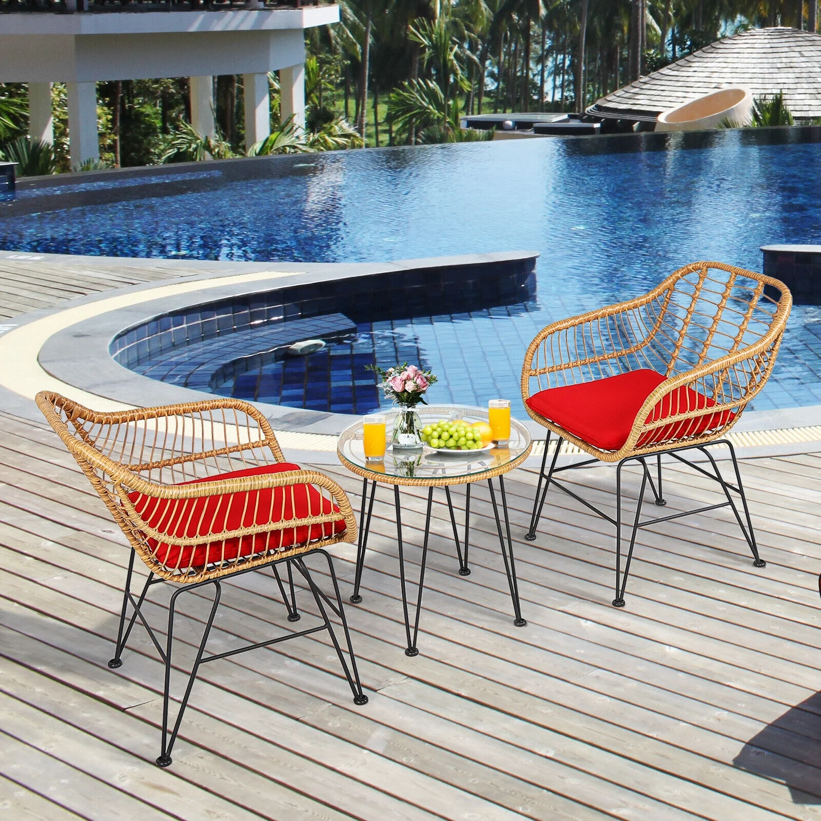 3 Piece Rattan Furniture Set, Cushioned Chair Table, Red - Image 10