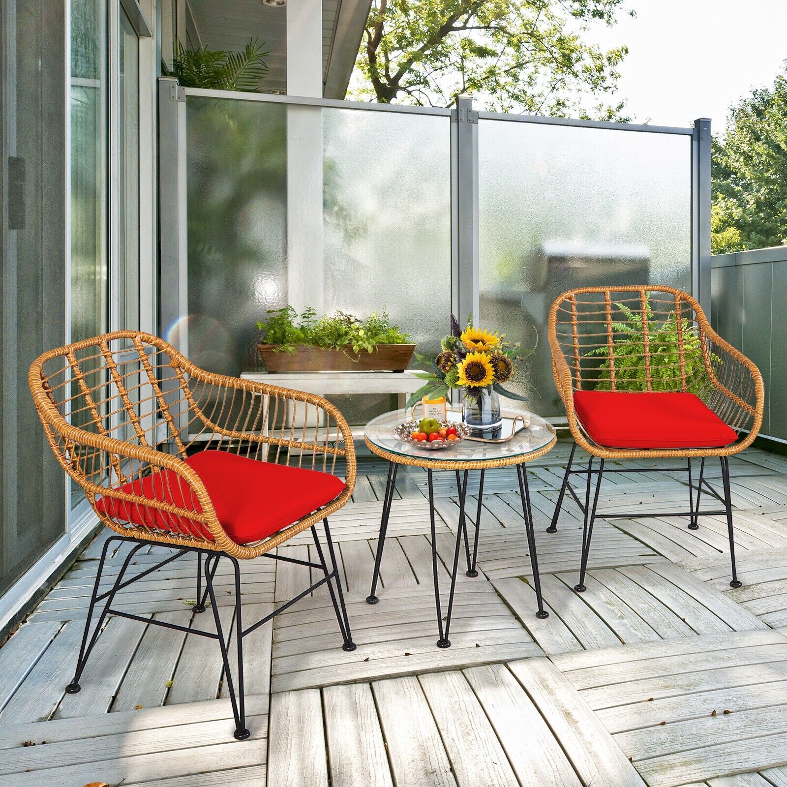 3 Piece Rattan Furniture Set, Cushioned Chair Table, Red - Image 2