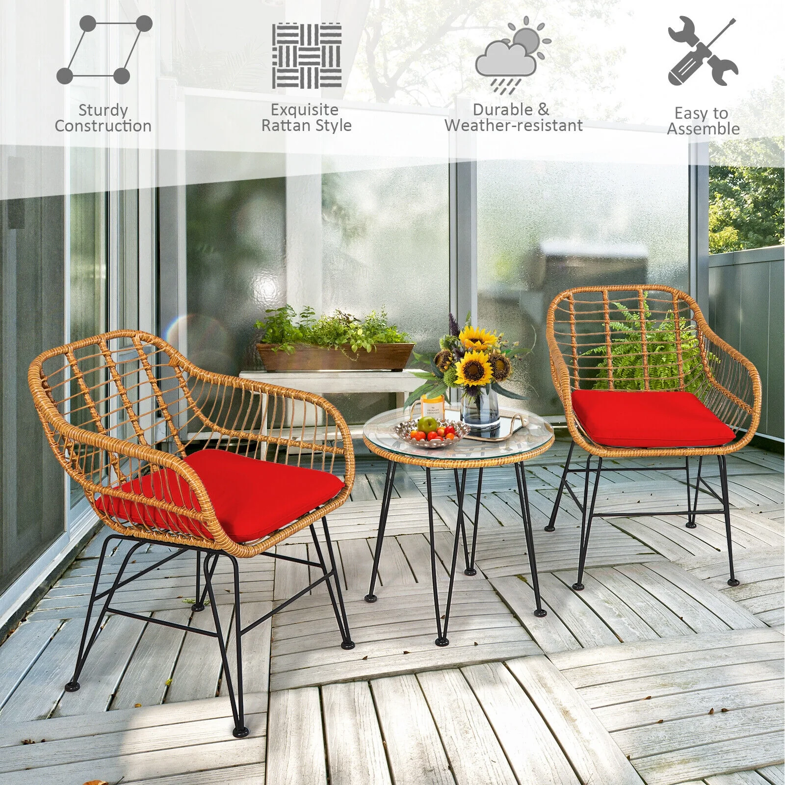 3 Piece Rattan Furniture Set, Cushioned Chair Table, Red - Image 3