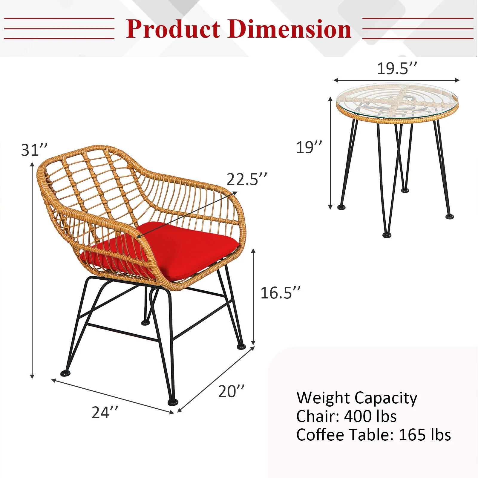 3 Piece Rattan Furniture Set, Cushioned Chair Table, Red - Image 5