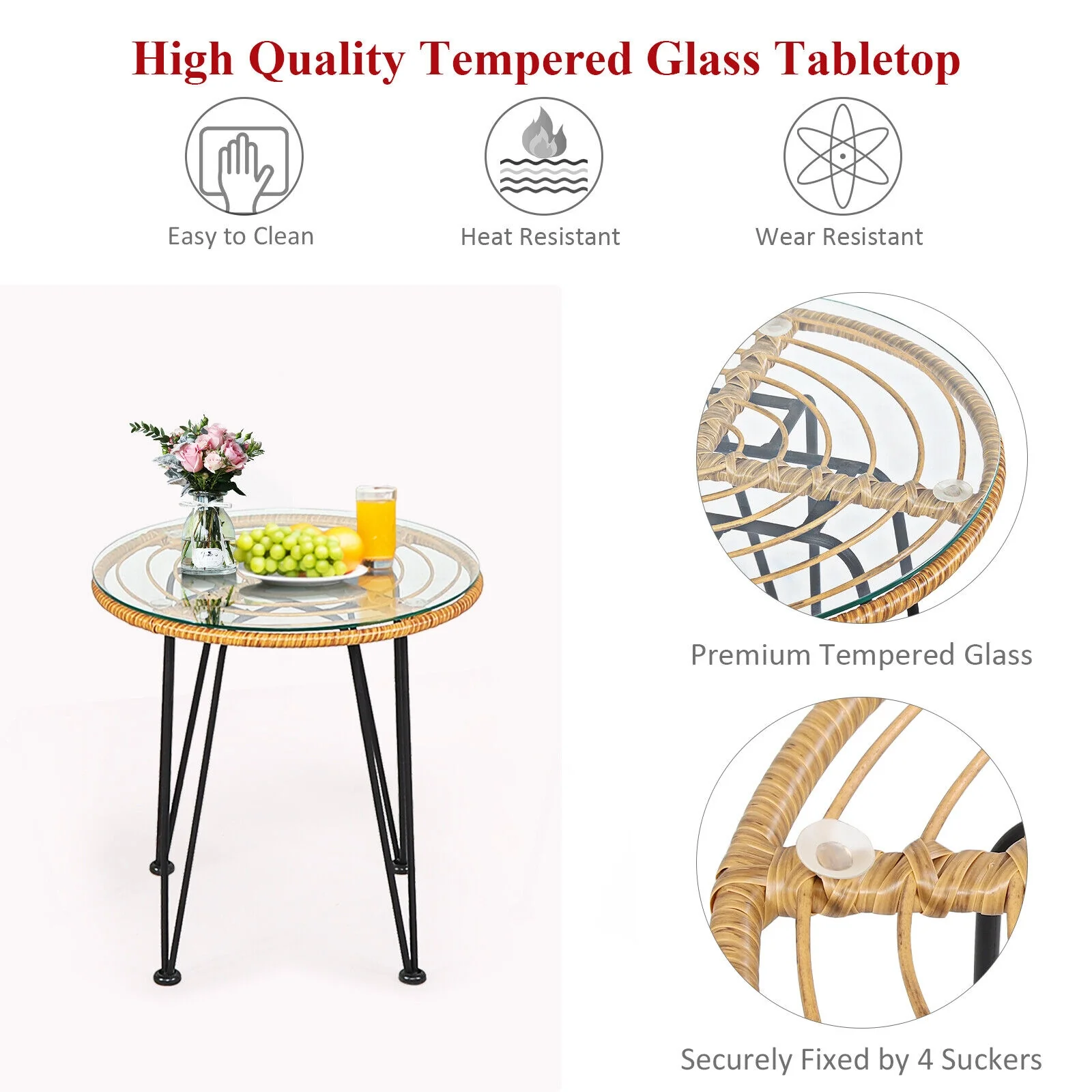 3 Piece Rattan Furniture Set, Cushioned Chair Table, Red - Image 6